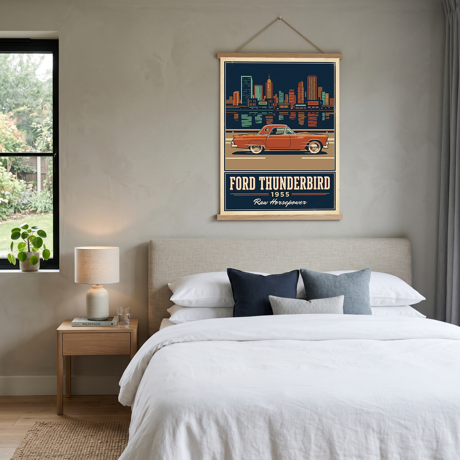 Ford Thunderbird 1955 Poster — Vintage Two-Seater Convertible City Skyline Print