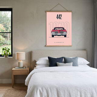 Oldsmobile 442 1970 Minimalist Poster — Blush Pink Muscle Car Line Art