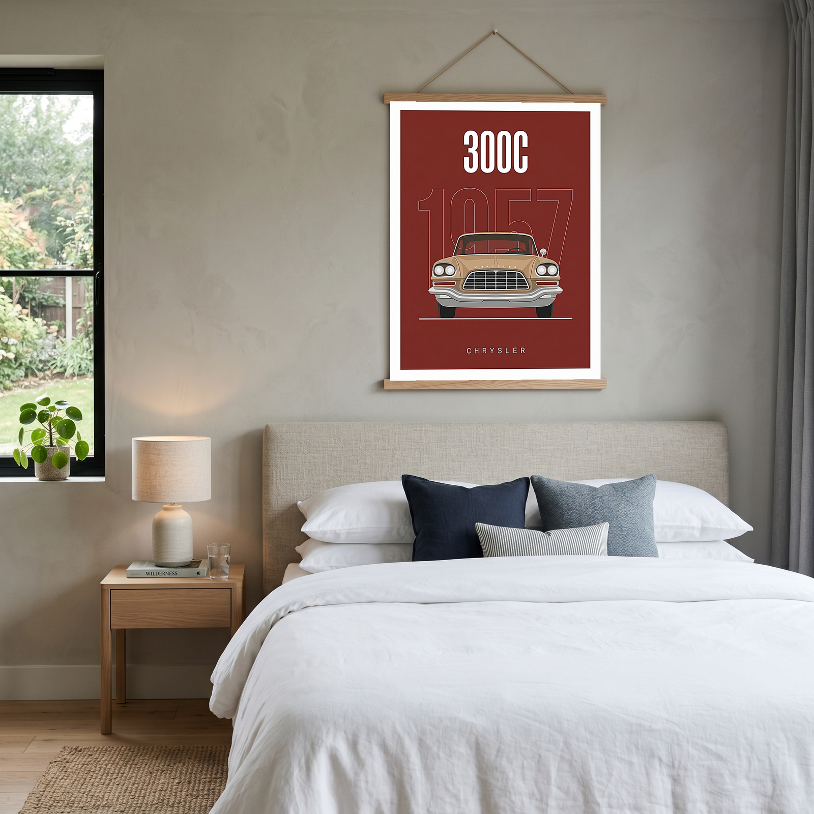 Chrysler 300C 1957 Minimalist Poster — Crimson Letter Series Line Art