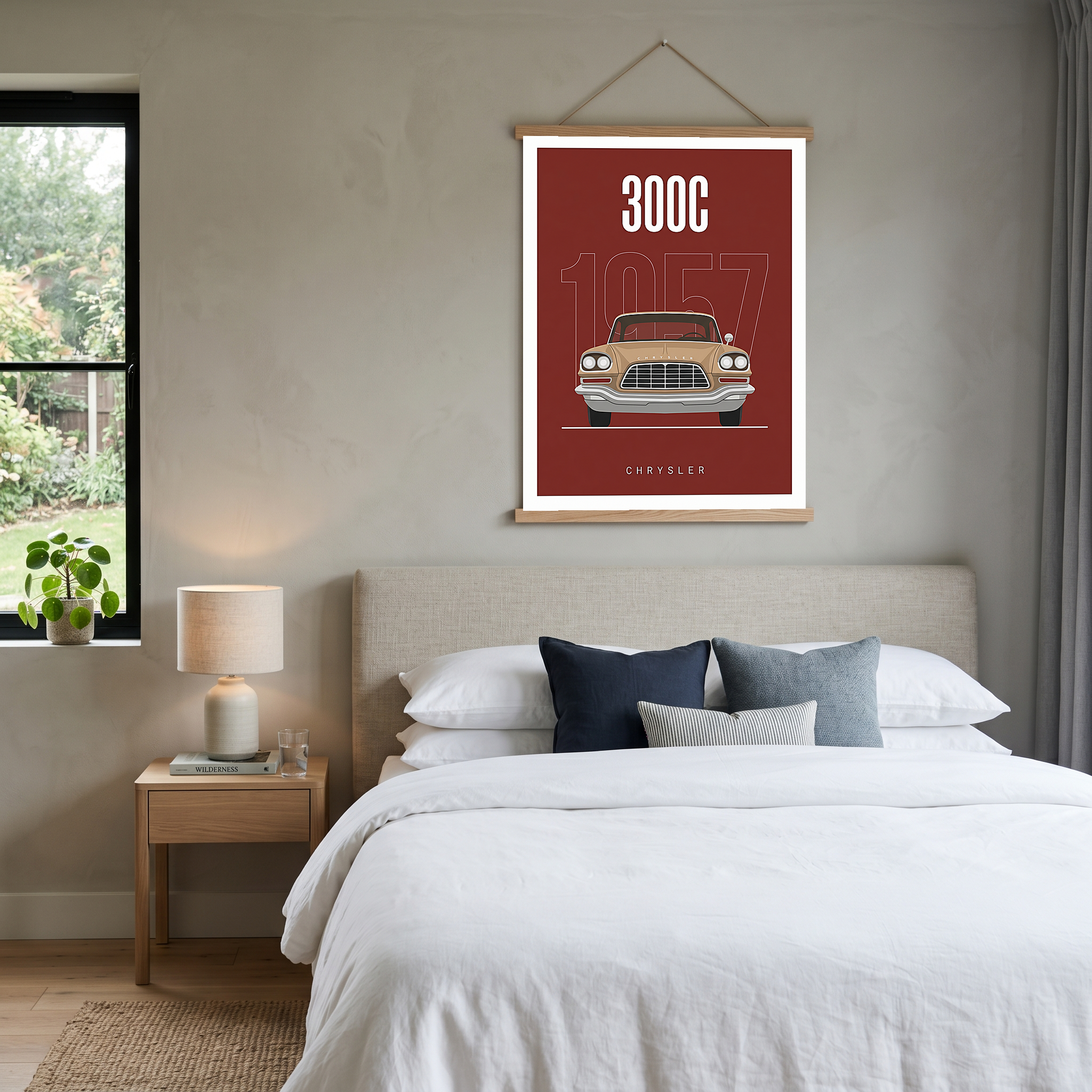 Chrysler 300C 1957 Minimalist Poster — Crimson Letter Series Line Art