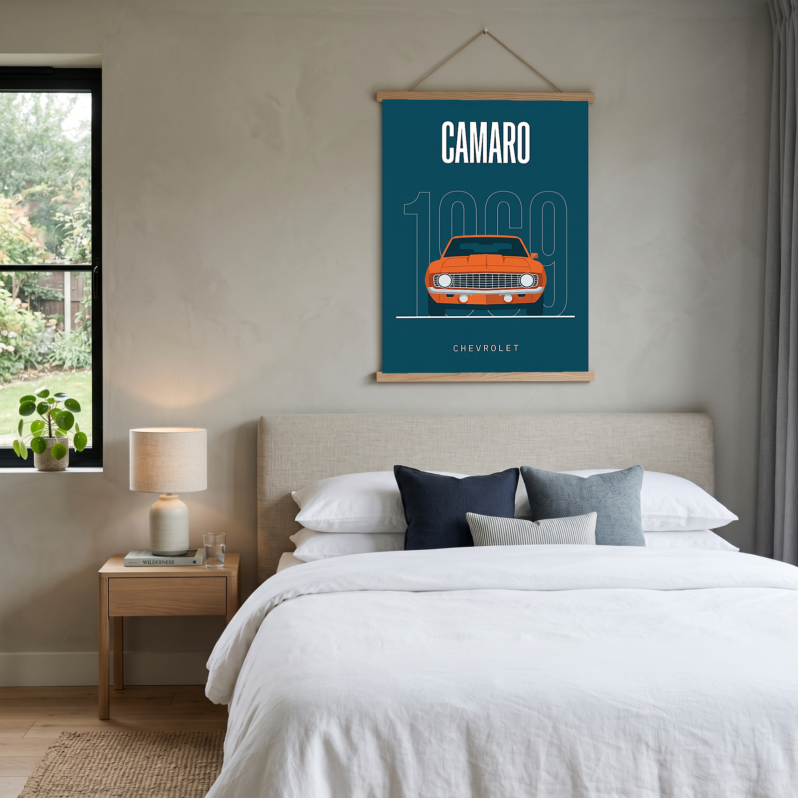 Chevrolet Camaro 1969 Minimalist Poster — Teal Muscle Car Line Art