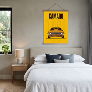 Chevrolet Camaro 1969 V2 Yellow Minimalist Poster — Muscle Car Line Art