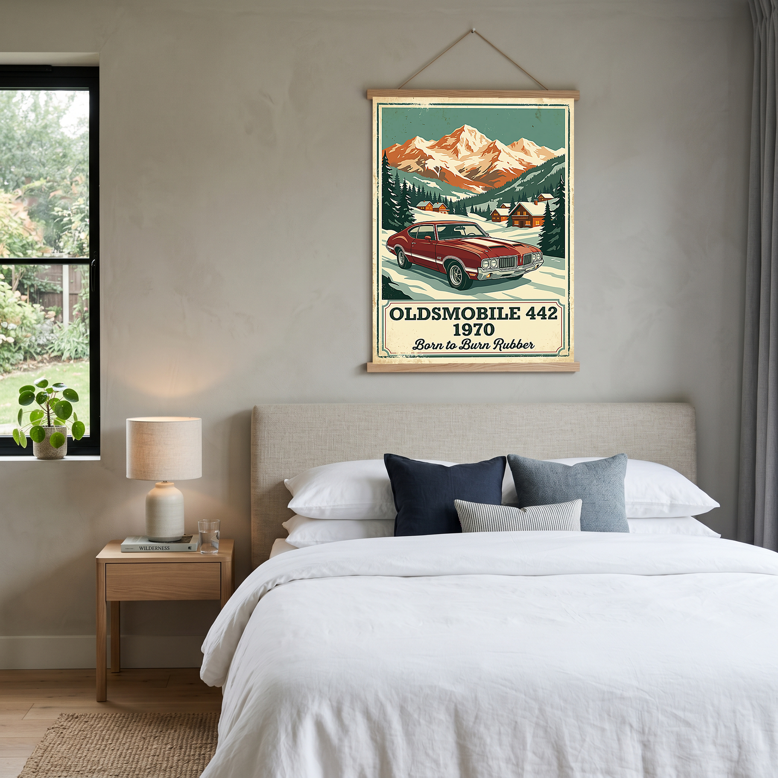 Oldsmobile 442 1970 V2 Poster — Vintage Muscle Winter Alpine Village Print