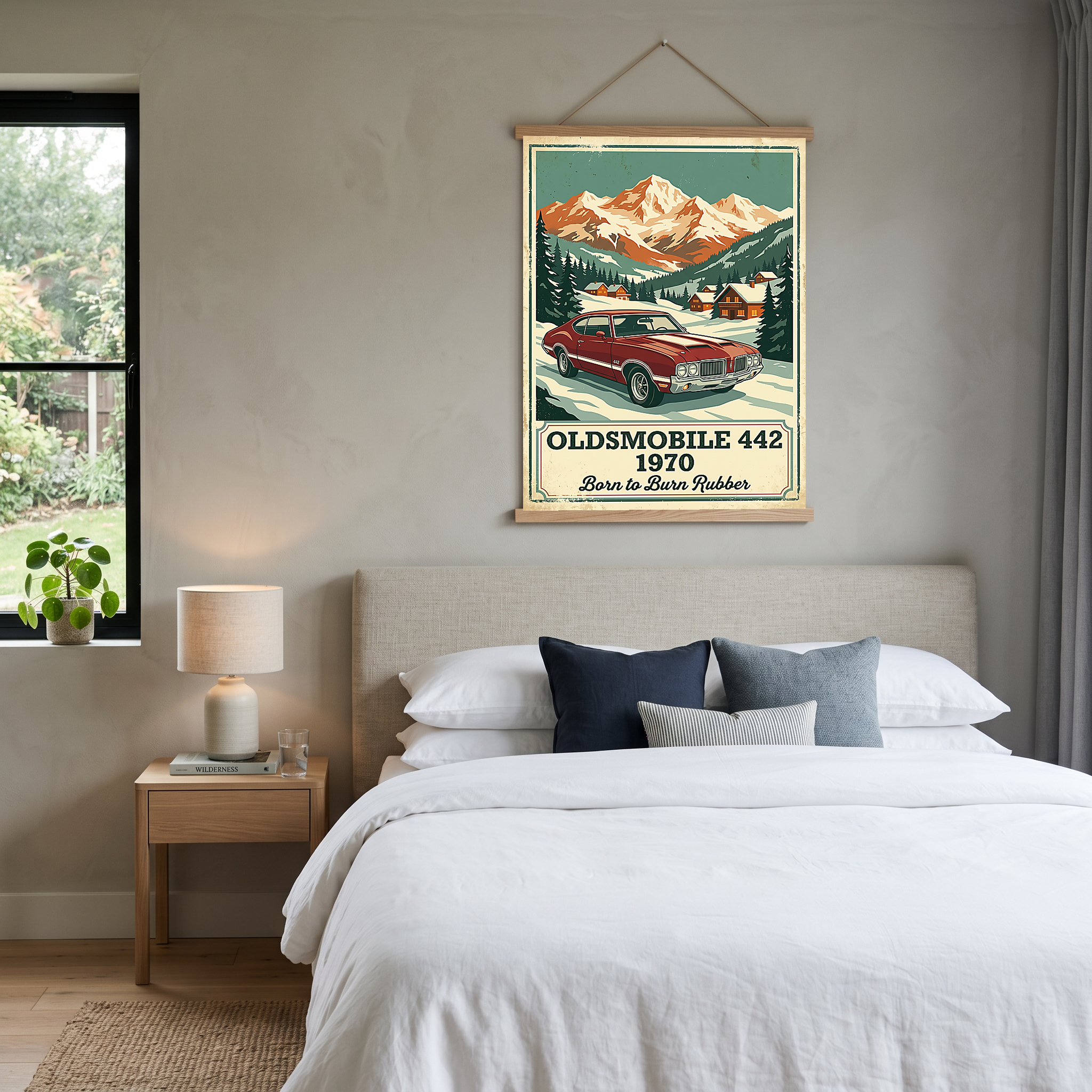 Oldsmobile 442 1970 V2 Poster — Vintage Muscle Winter Alpine Village Print