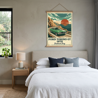 Ford Torino GT 1970 Poster — Vintage Muscle Car Coastal Cliff Sunset Print