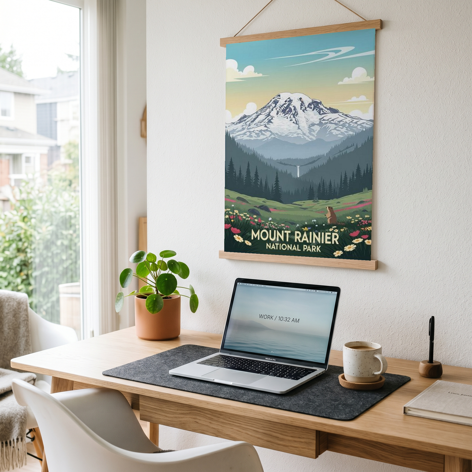 Mount Rainier National Park Poster — Vintage Washington Wildflower Marmot Print