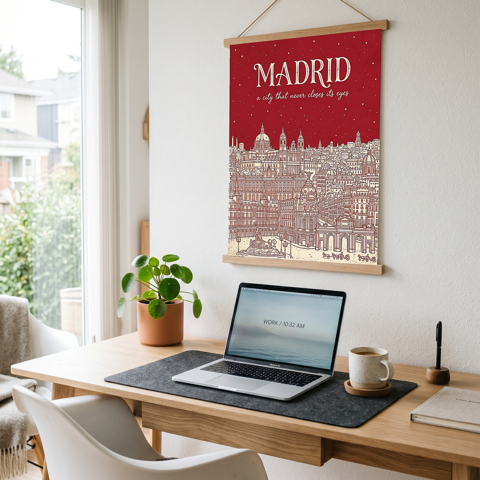 Madrid Line Art Print — Cherry Red Royal Palace Plaza Mayor Skyline Wall Art