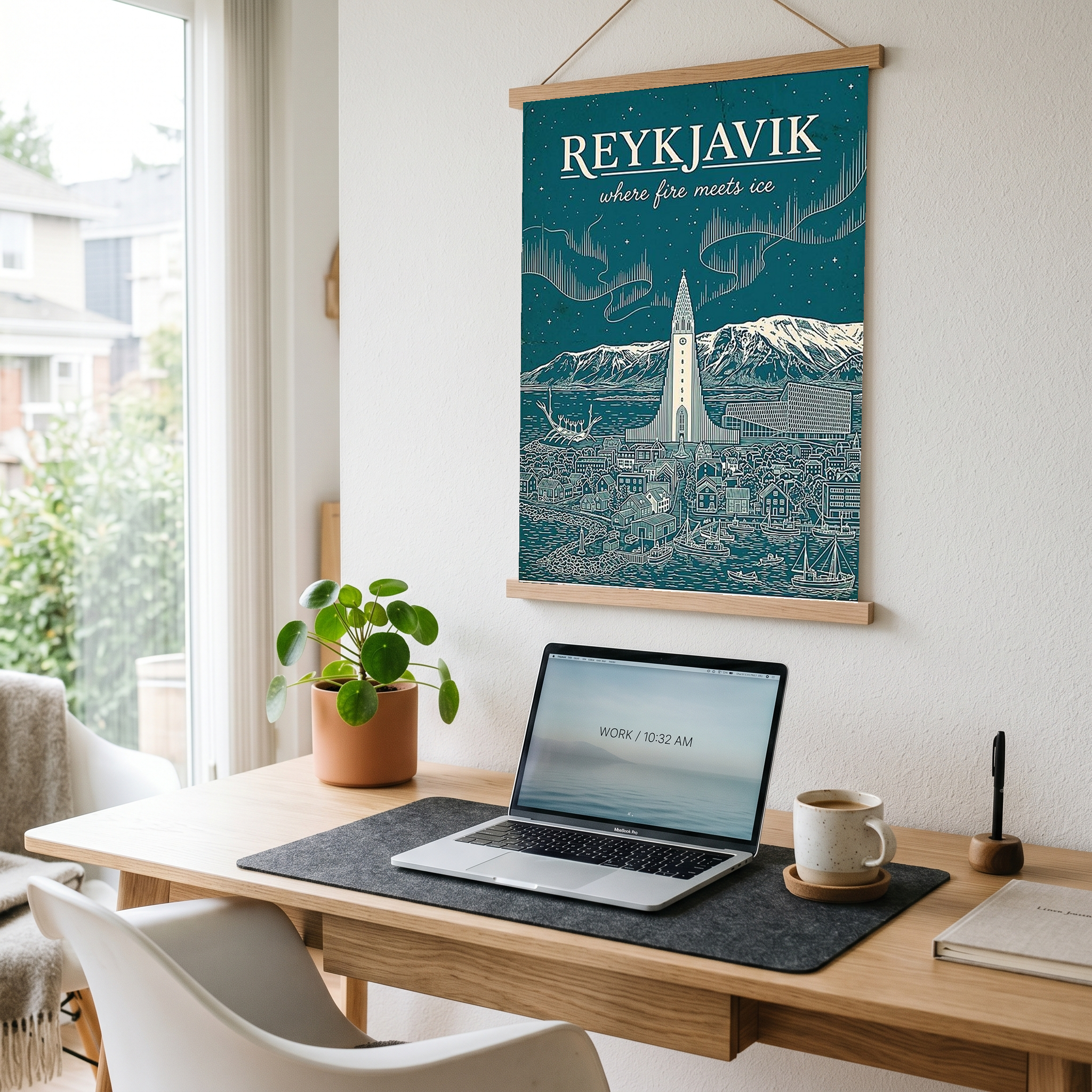 Reykjavik Line Art Print — Teal Hallgrímskirkja Aurora Skyline Wall Art