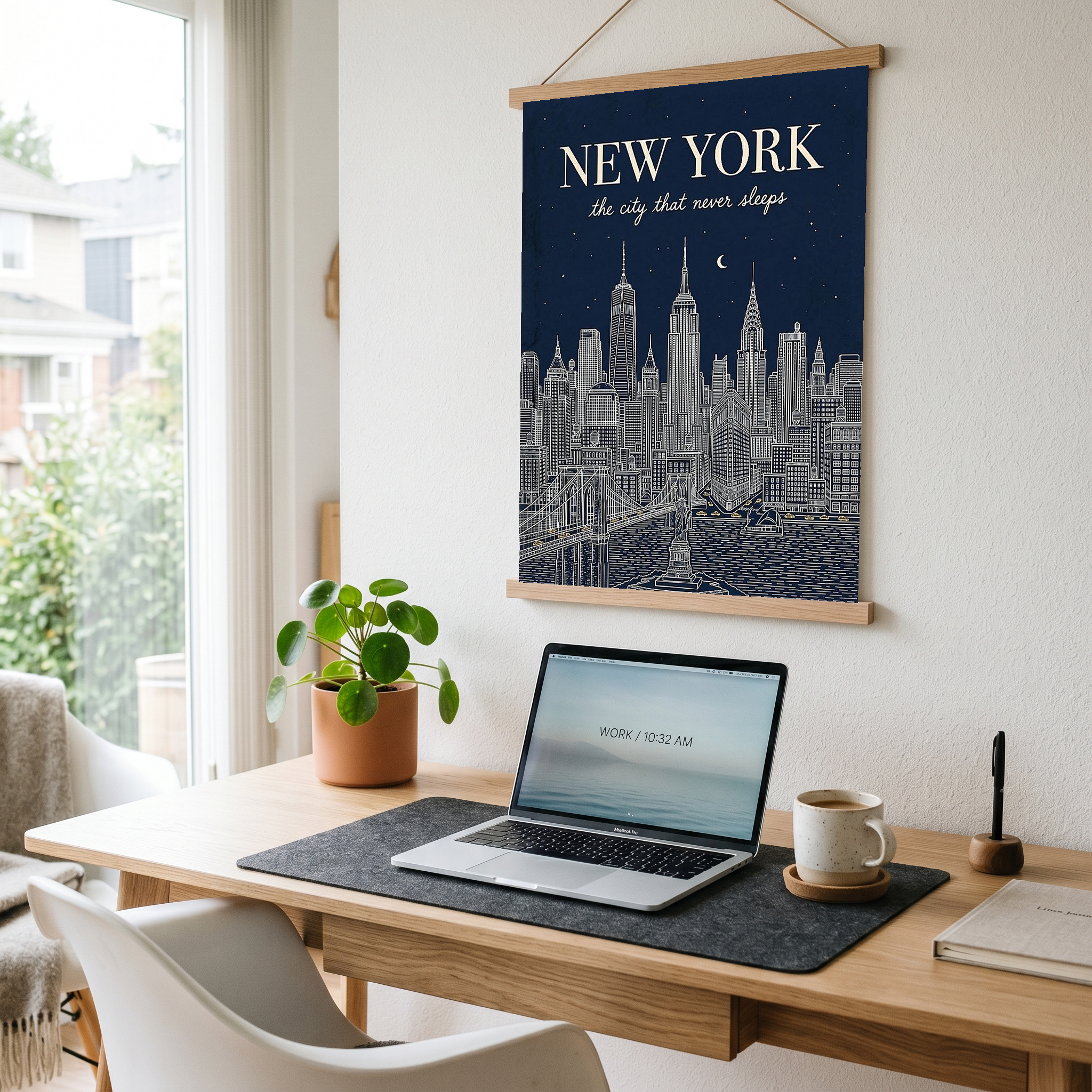New York Line Art Print — Navy Manhattan Skyline Empire State Brooklyn Bridge Wall Art