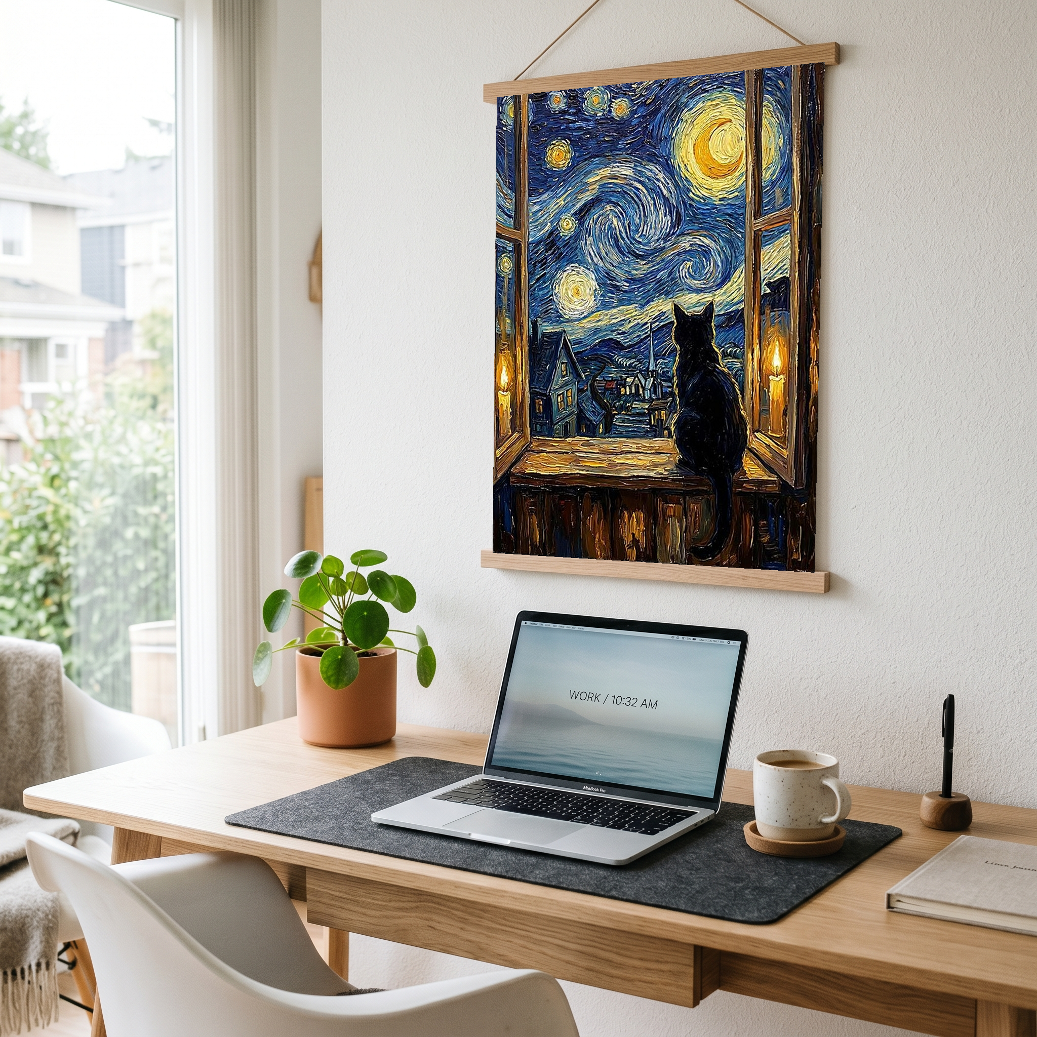 Black Cat Window Print — Van Gogh Starry Night Cozy Cottage Wall Art
