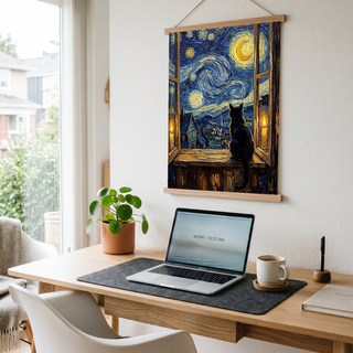 Black Cat Window Print — Van Gogh Starry Night Cozy Cottage Wall Art