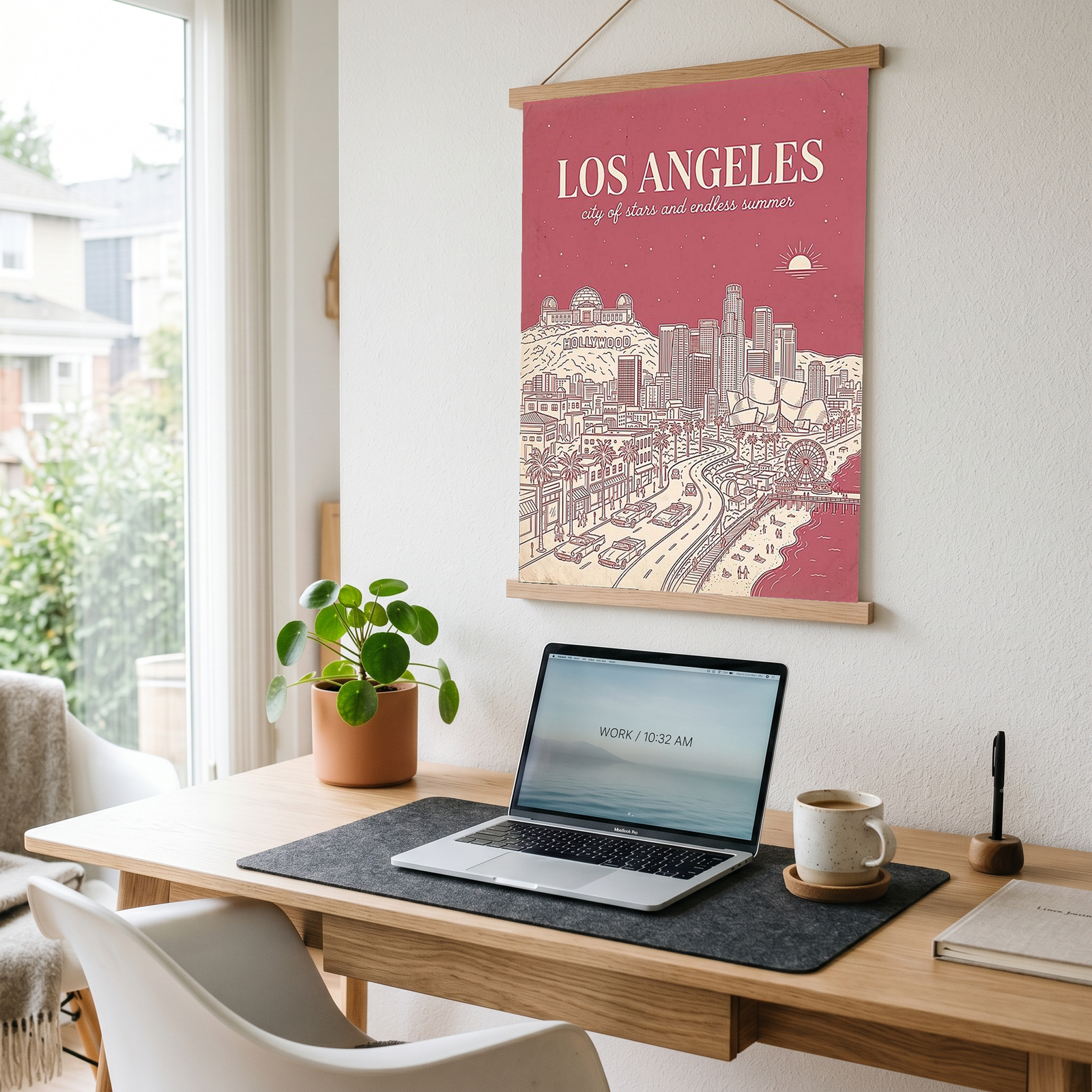 Los Angeles Line Art Print — Pink Hollywood Sign Downtown Skyline Wall Art
