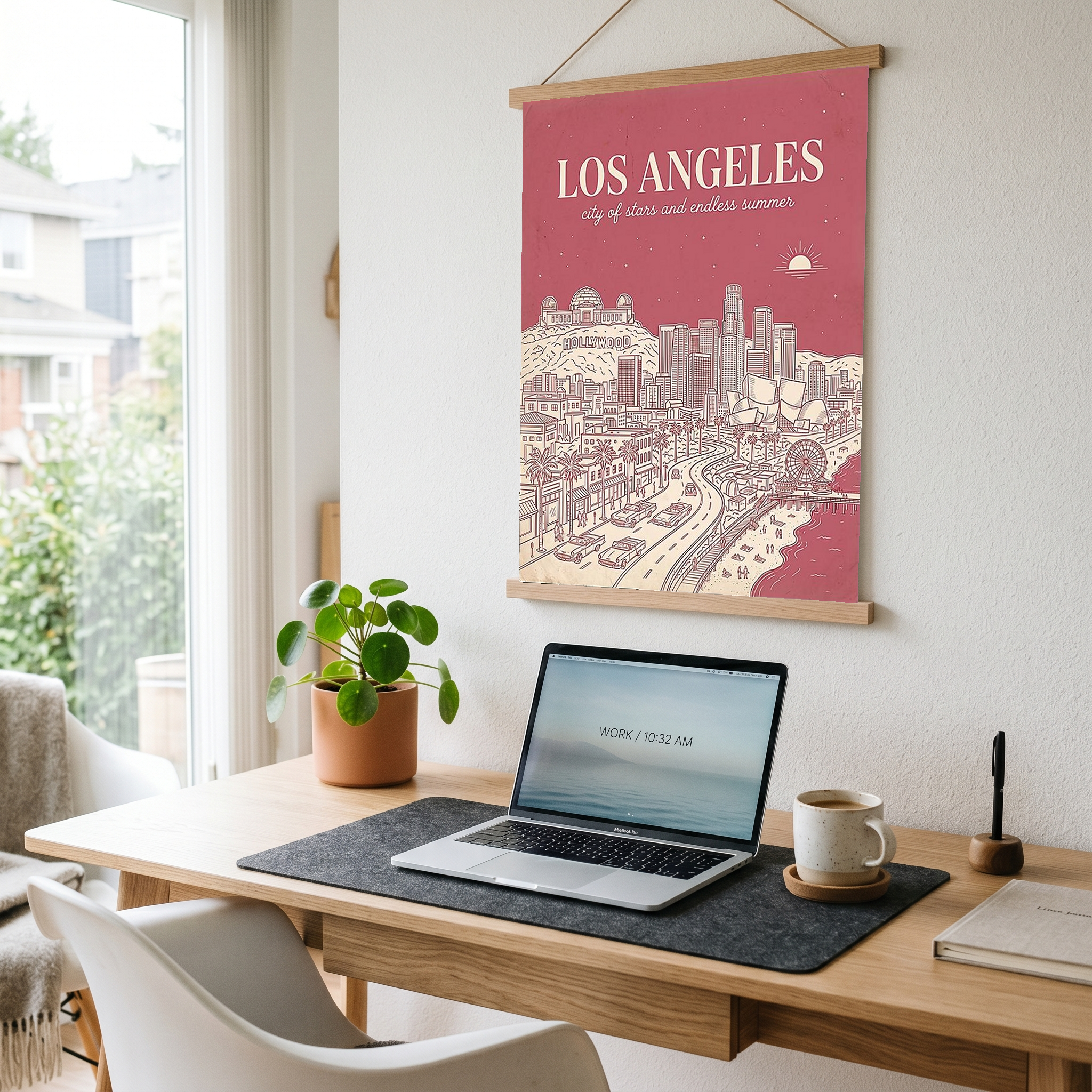 Los Angeles Line Art Print — Pink Hollywood Sign Downtown Skyline Wall Art