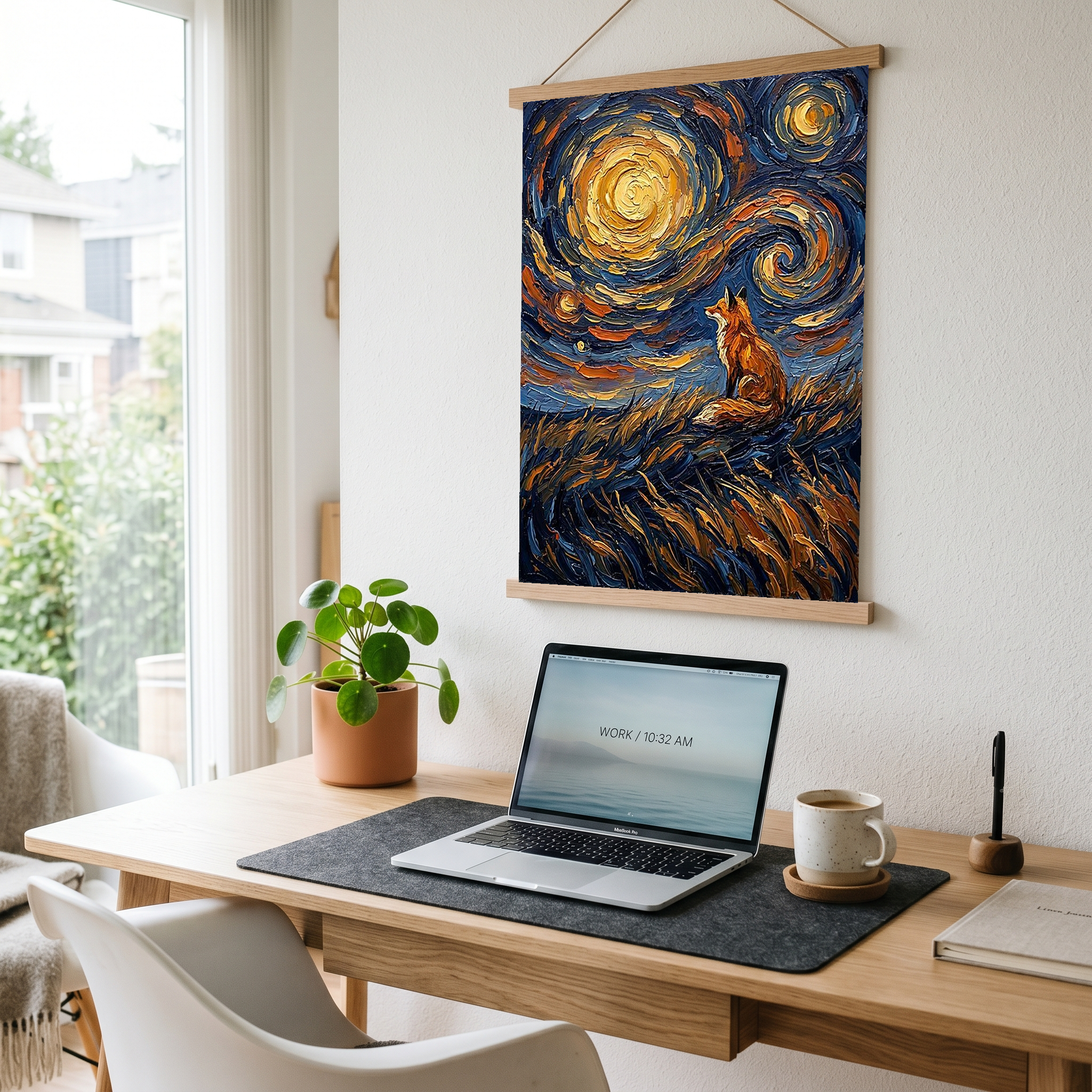 Lone Fox Starry Night Print — Van Gogh-Style Wildlife Hillside Wall Art