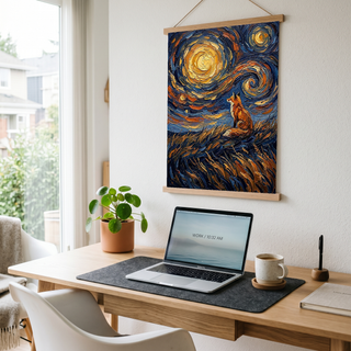 Lone Fox Starry Night Print — Van Gogh-Style Wildlife Hillside Wall Art