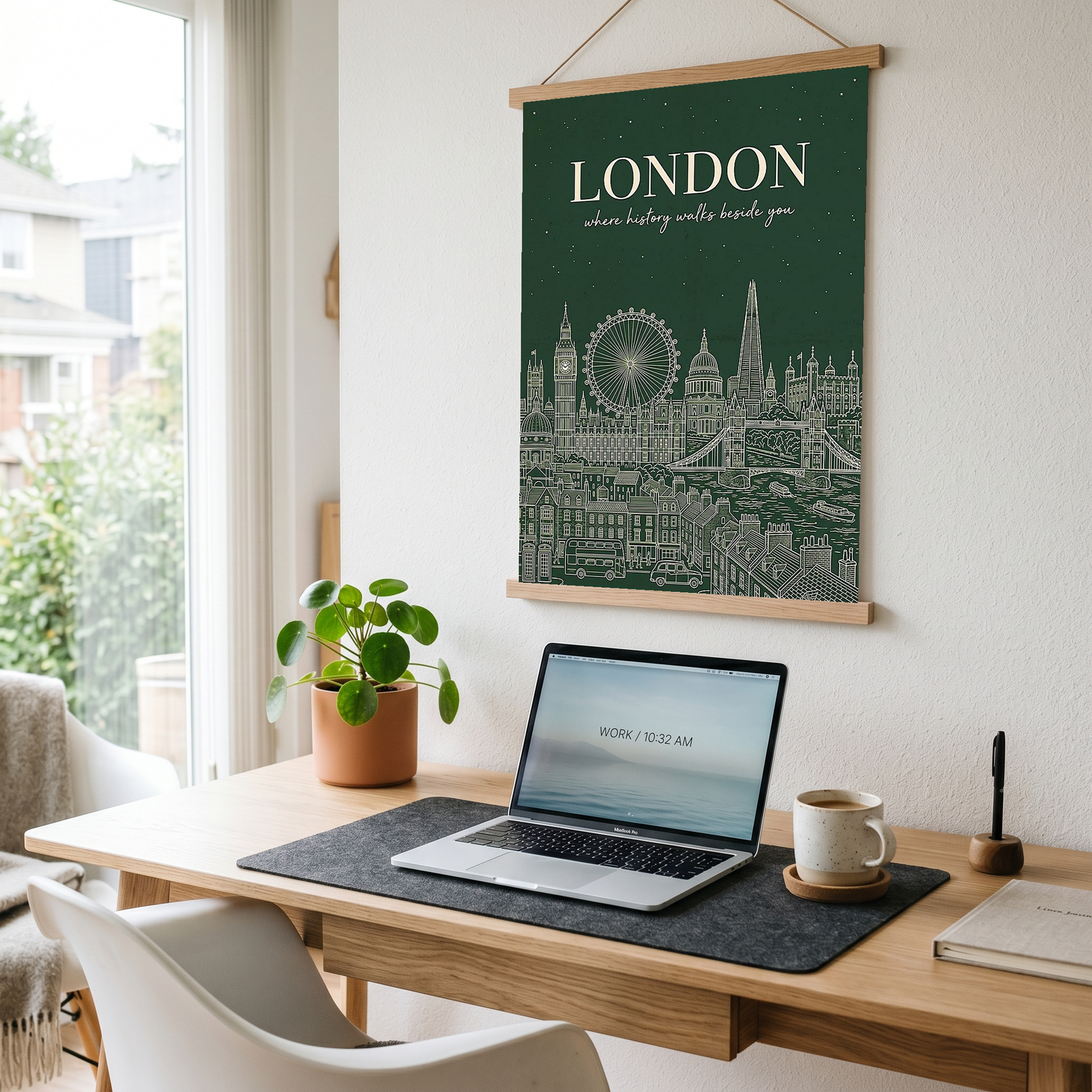 London Line Art Print — Forest Green Big Ben London Eye Skyline Wall Art