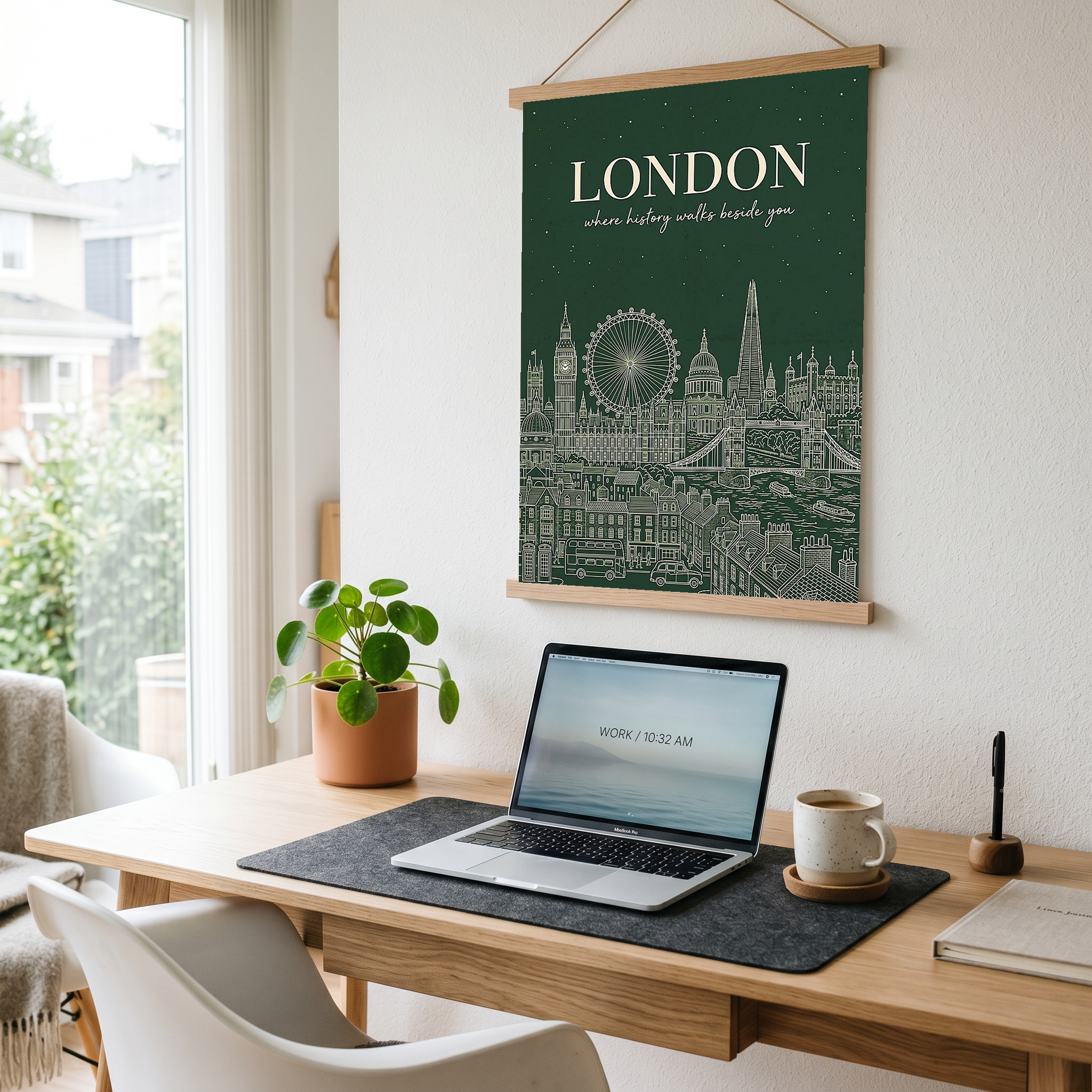 London Line Art Print — Forest Green Big Ben London Eye Skyline Wall Art
