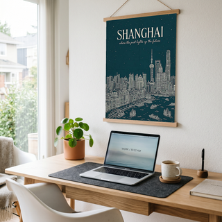 Shanghai Line Art Print — Teal Oriental Pearl Tower The Bund Skyline Wall Art