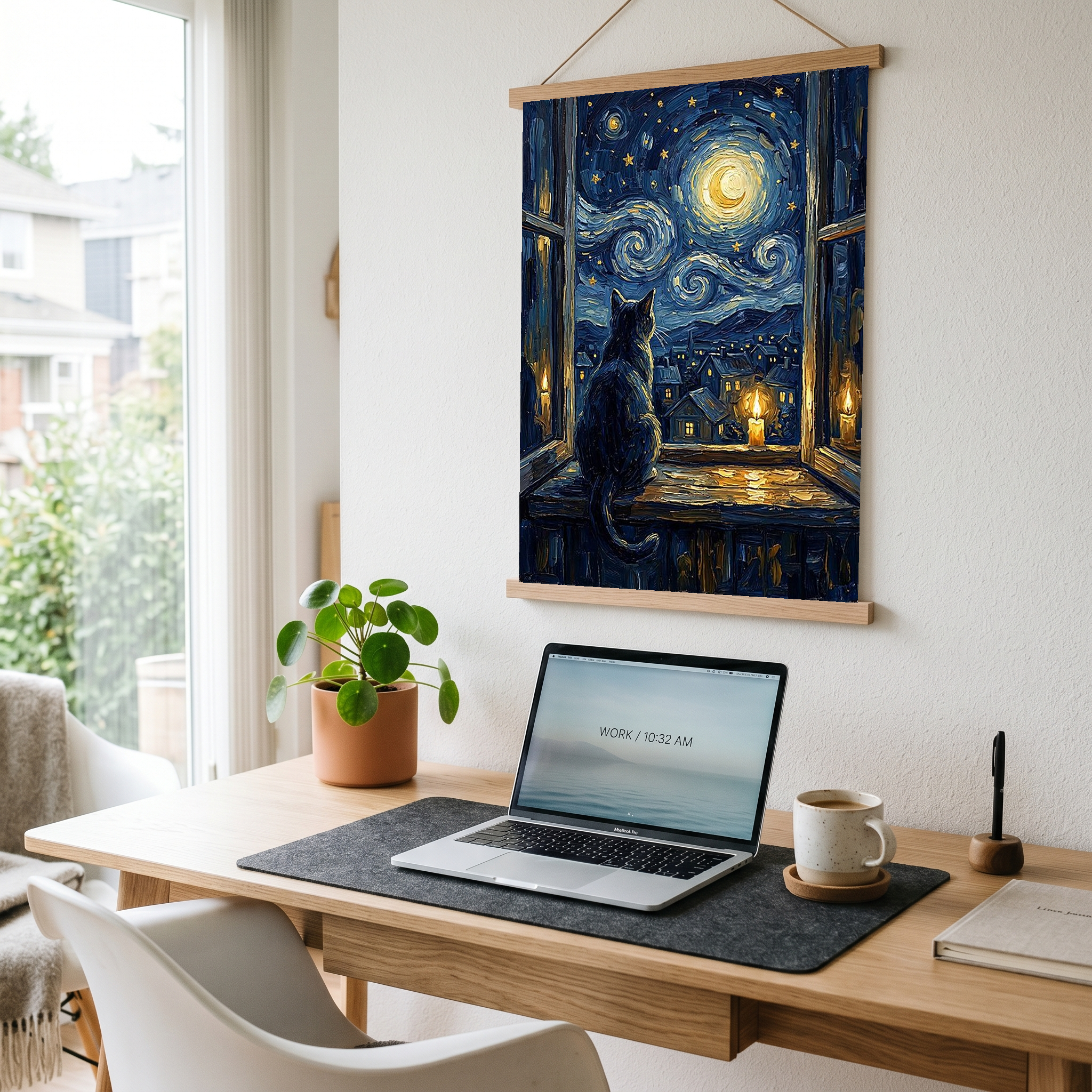 Cat at Candlelit Window Print — Van Gogh Starry Night Village Wall Art