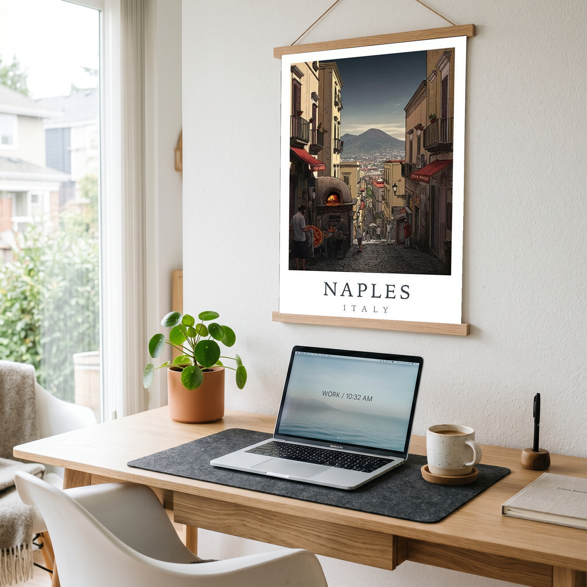 Naples Italy Travel Poster — Vesuvius Pizza Street Scene Print