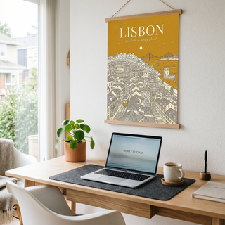 Lisbon Line Art Print — Mustard Yellow Tram Belém Tower Skyline Wall Art