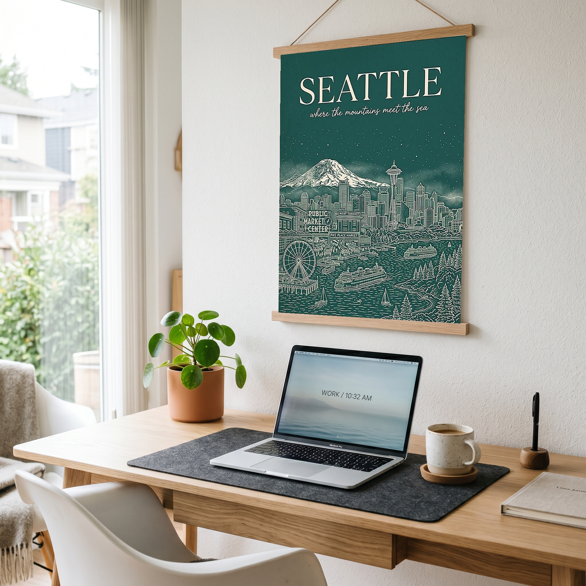 Seattle Line Art Travel Poster — Mount Rainier Cityscape Pacific Northwest Print