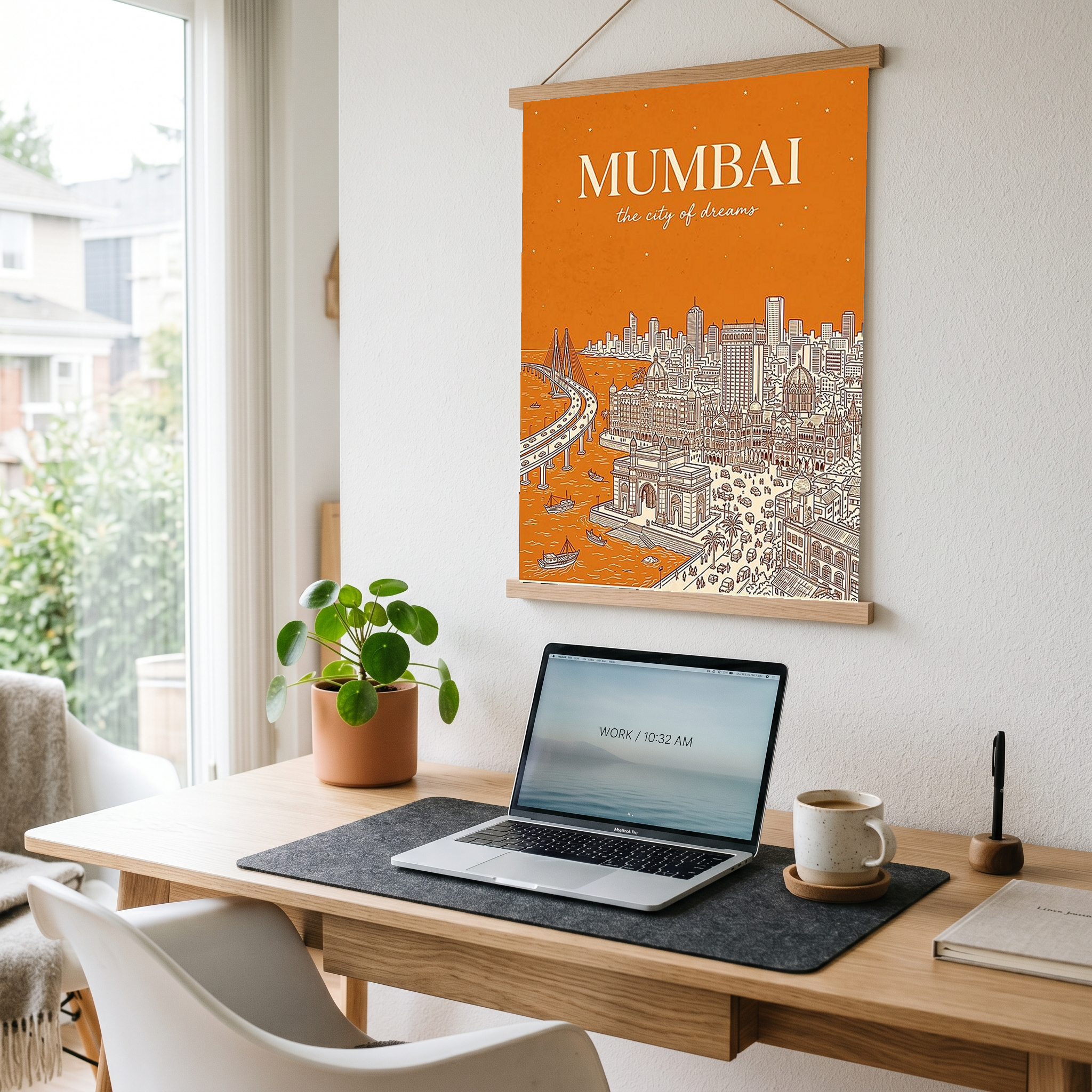 Mumbai Line Art Print — Saffron Gateway of India Marine Drive Skyline Wall Art