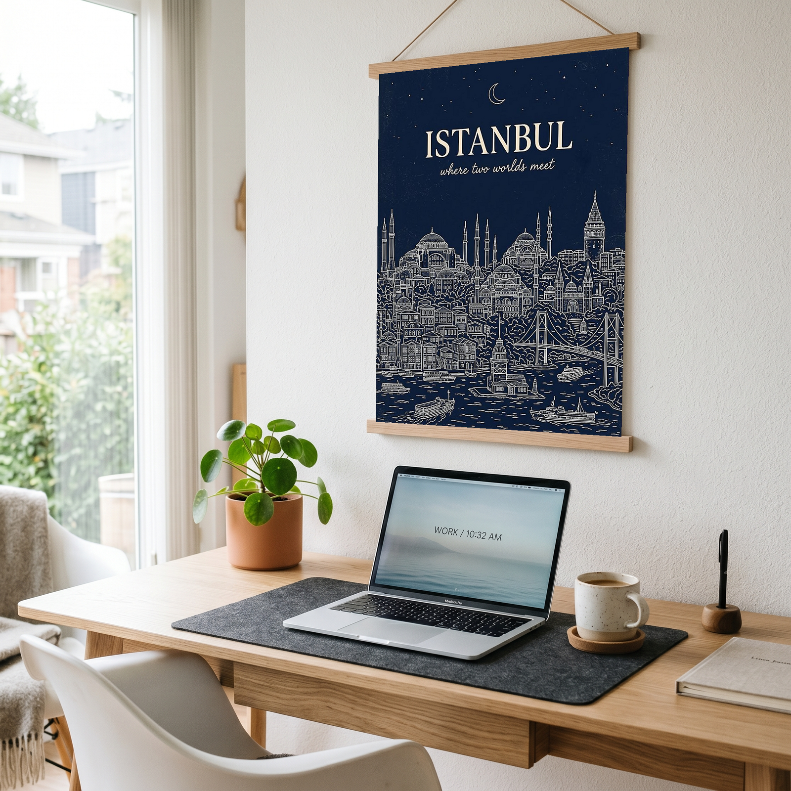 Istanbul Line Art Print — Navy Bosphorus Skyline Hagia Sophia Wall Art