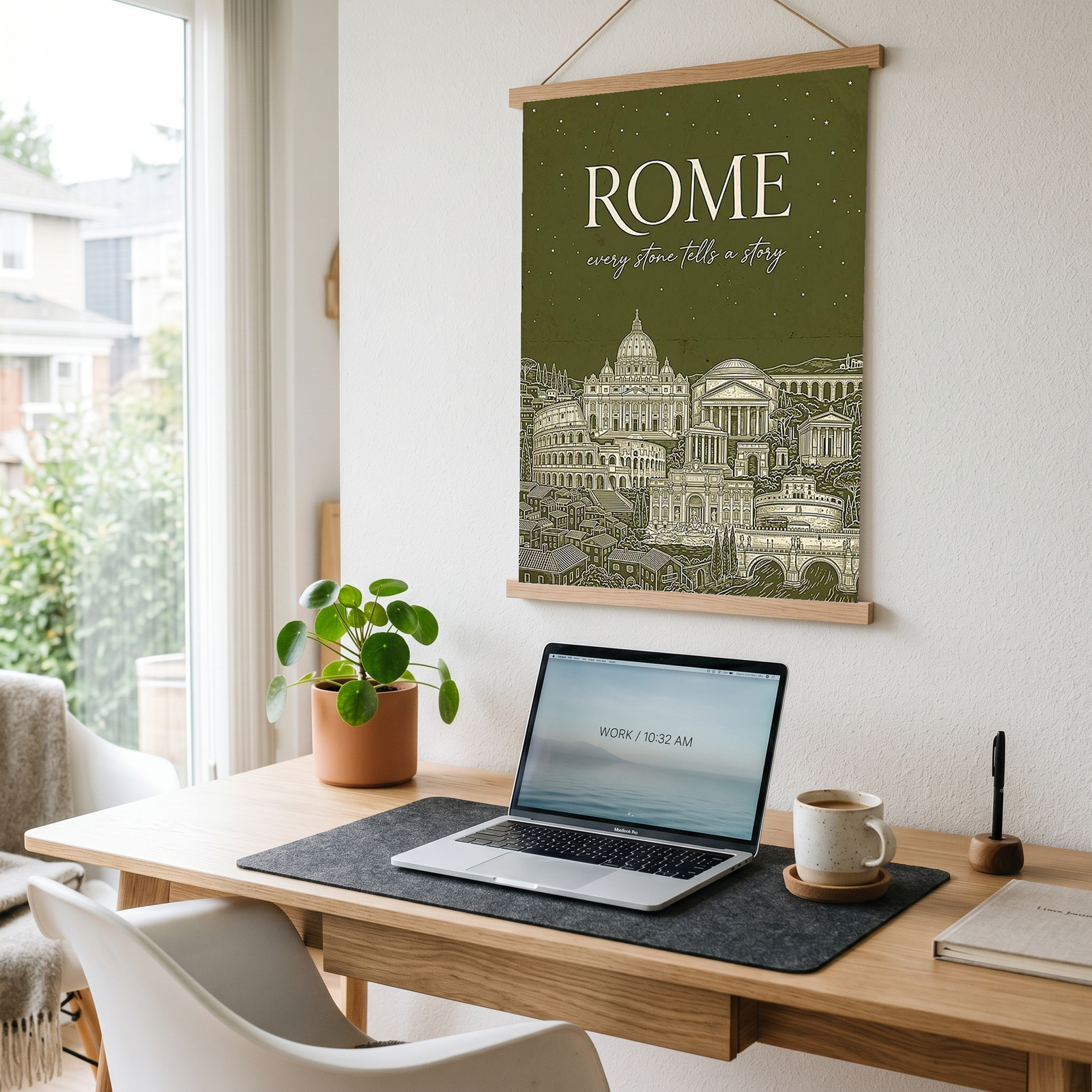 Rome Line Art Print — Olive Green Colosseum Vatican Skyline Wall Art