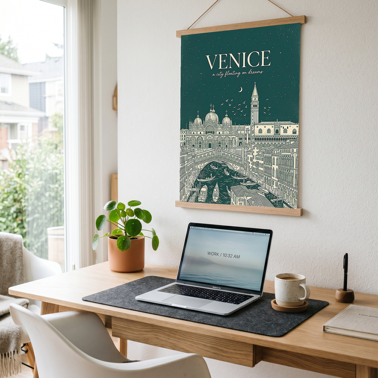 Venice Line Art Print — Forest Green St. Mark's Basilica Rialto Bridge Wall Art