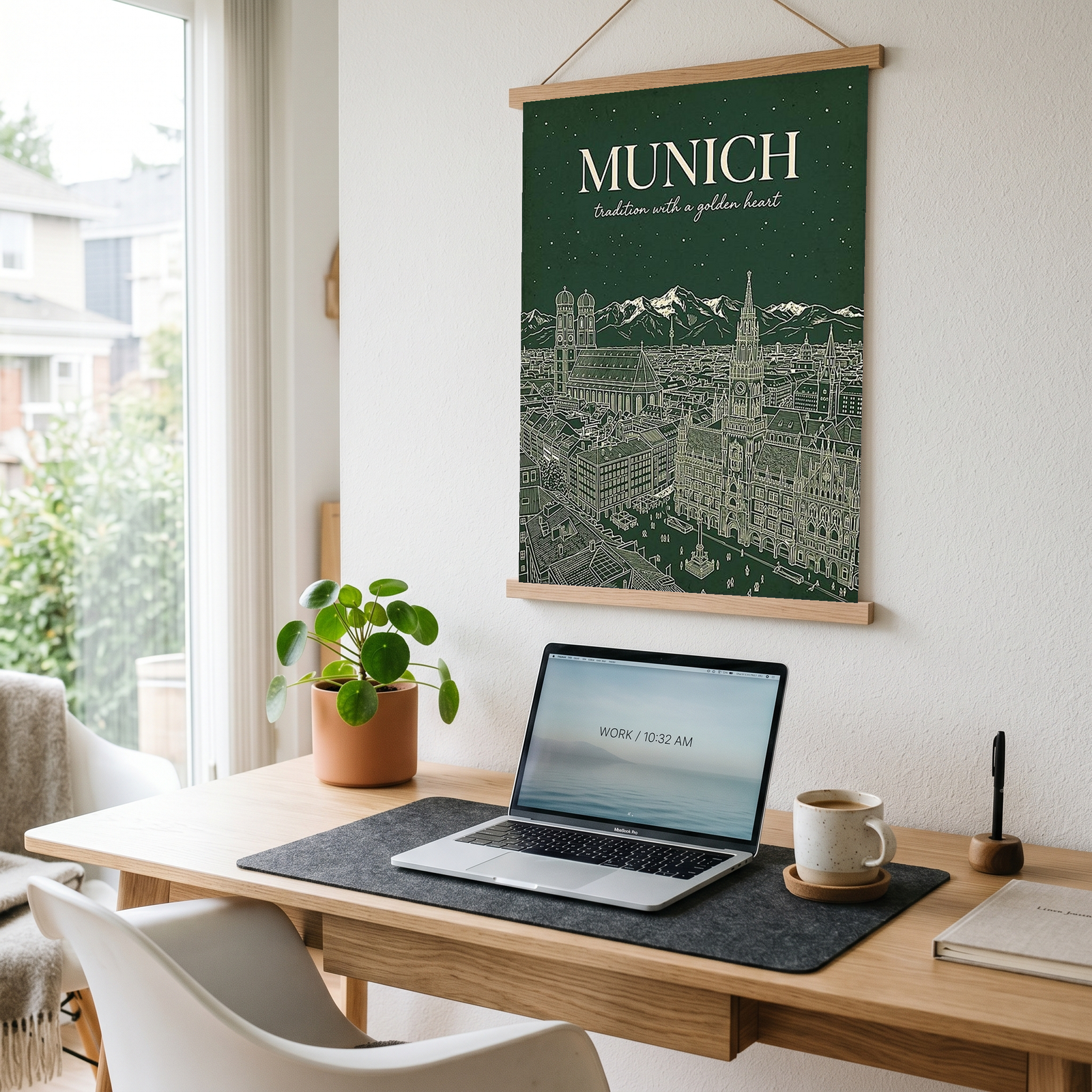 Munich Line Art Print — Forest Green Frauenkirche Marienplatz Skyline Wall Art