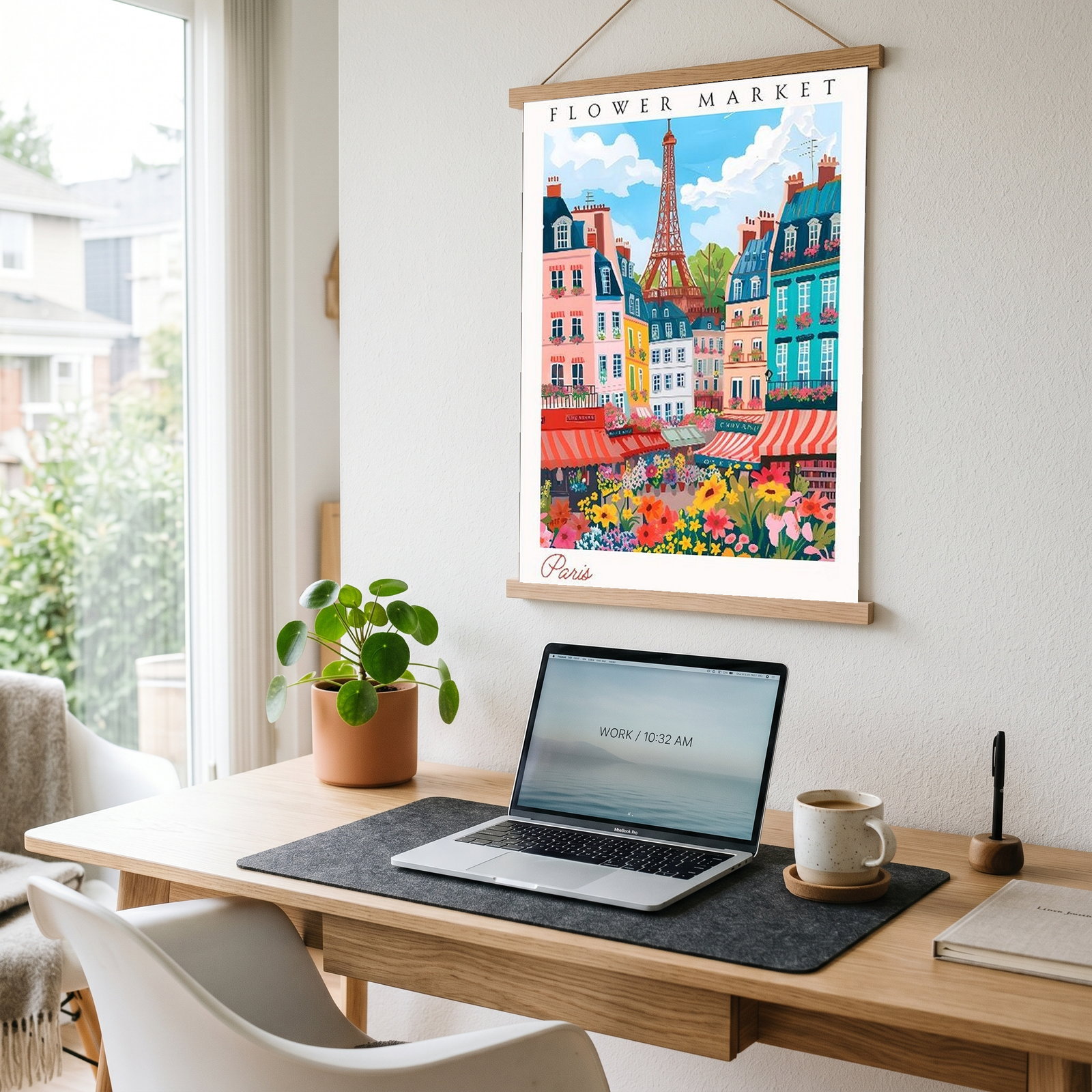 Paris Flower Market Print — Eiffel Tower Cityscape French Botanical Art
