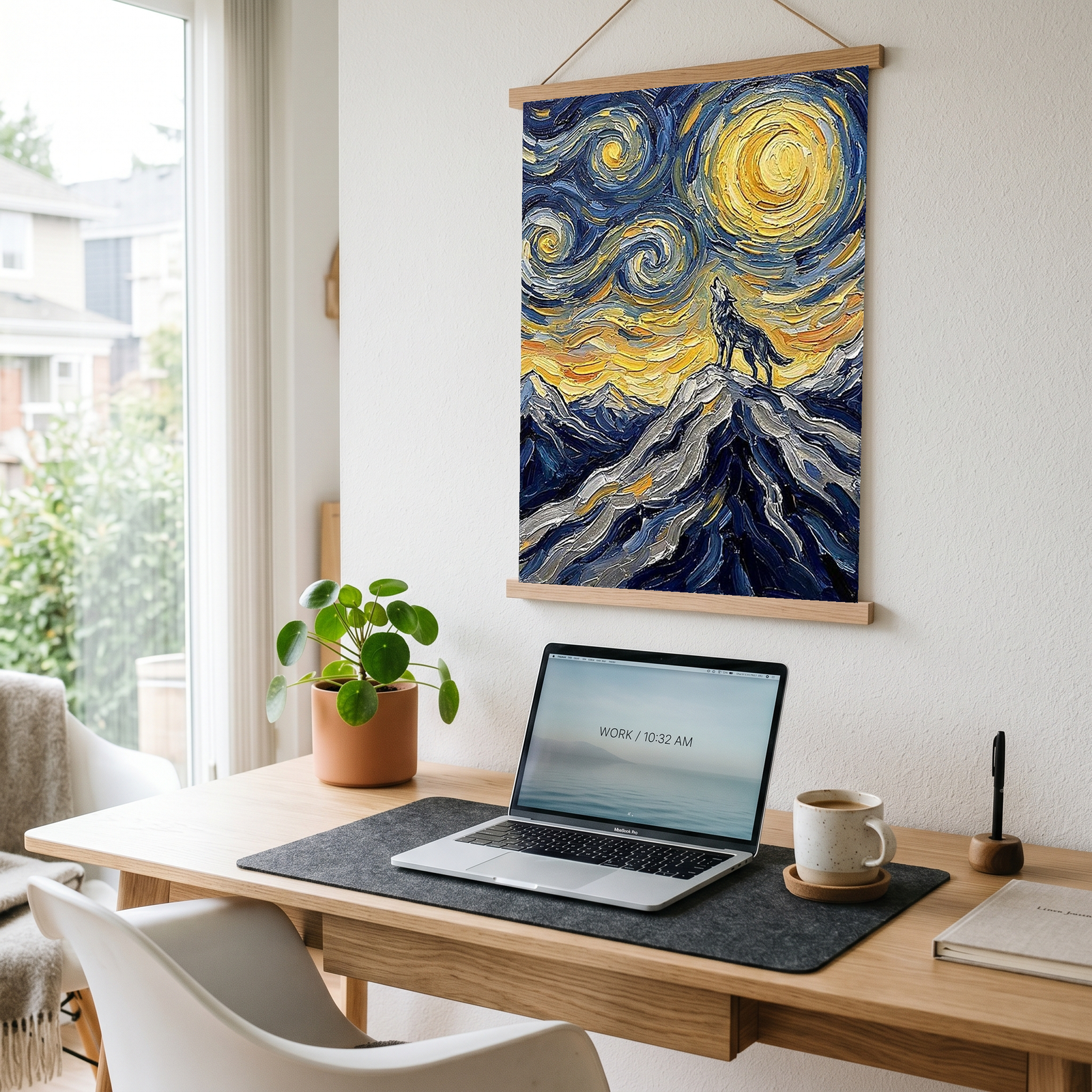 Lone Wolf Howling Mountain Peak Print — Van Gogh Starry Night Wall Art