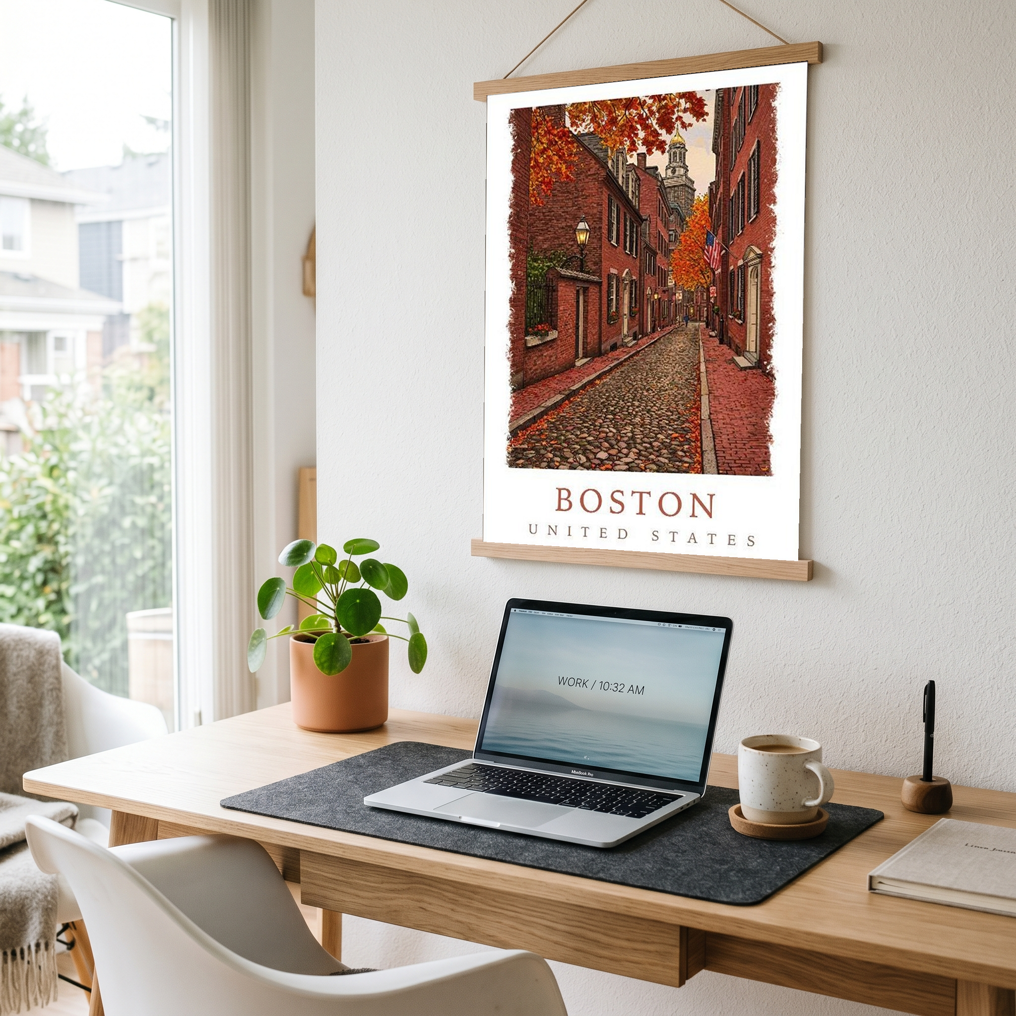 Boston USA Travel Poster — Acorn Street Beacon Hill Fall Foliage Print