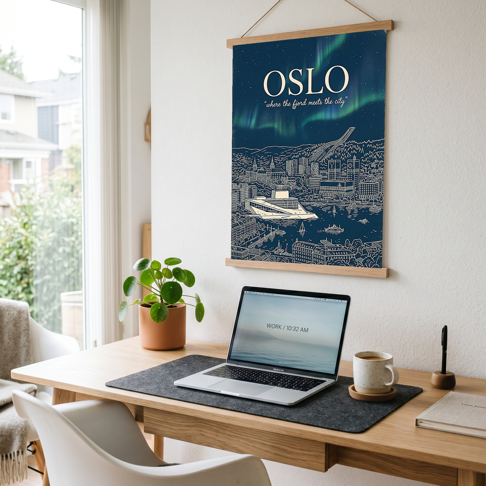 Oslo Line Art Print — Navy Opera House Fjord Aurora Borealis Skyline Wall Art