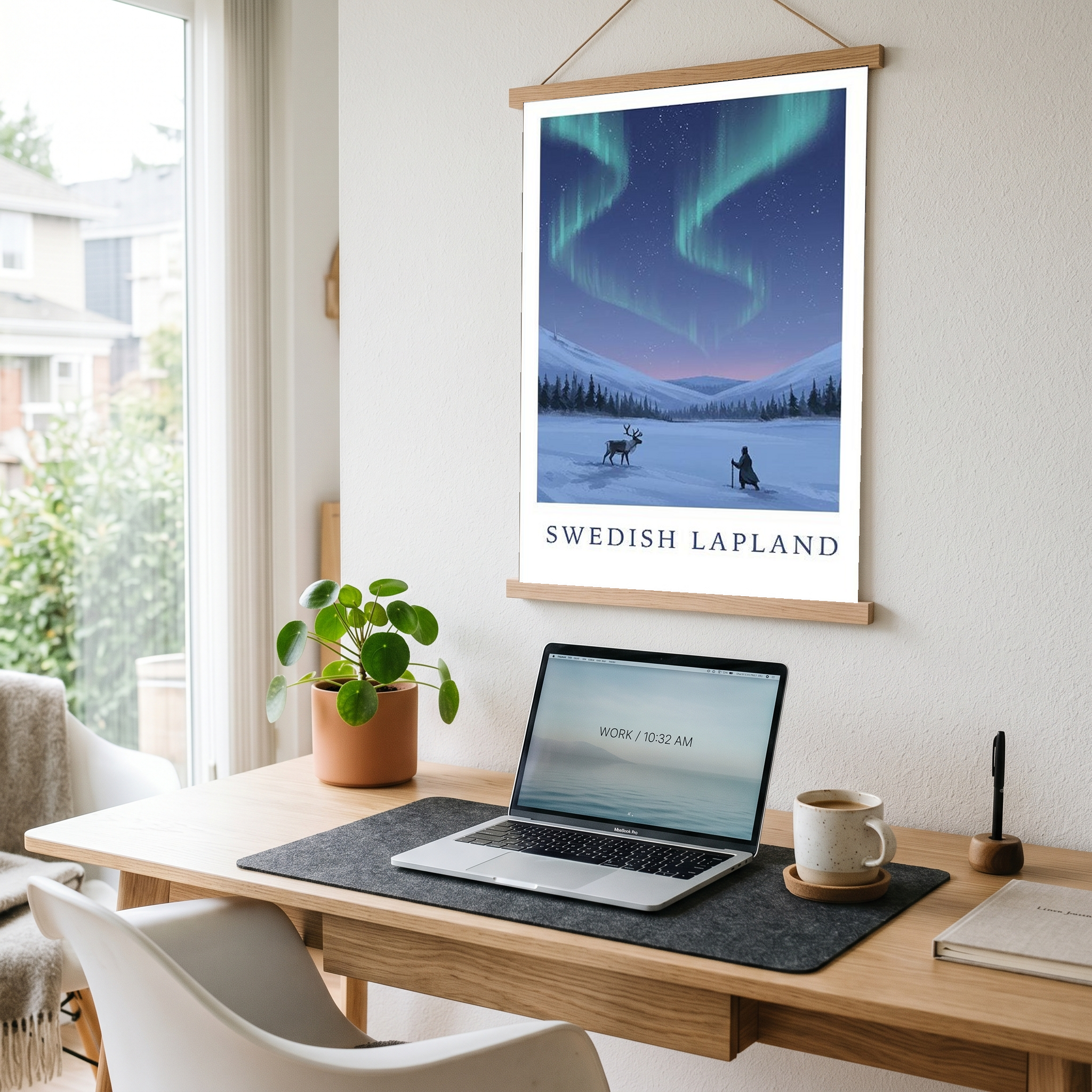 Swedish Lapland Travel Poster — Northern Lights Reindeer Sami Print