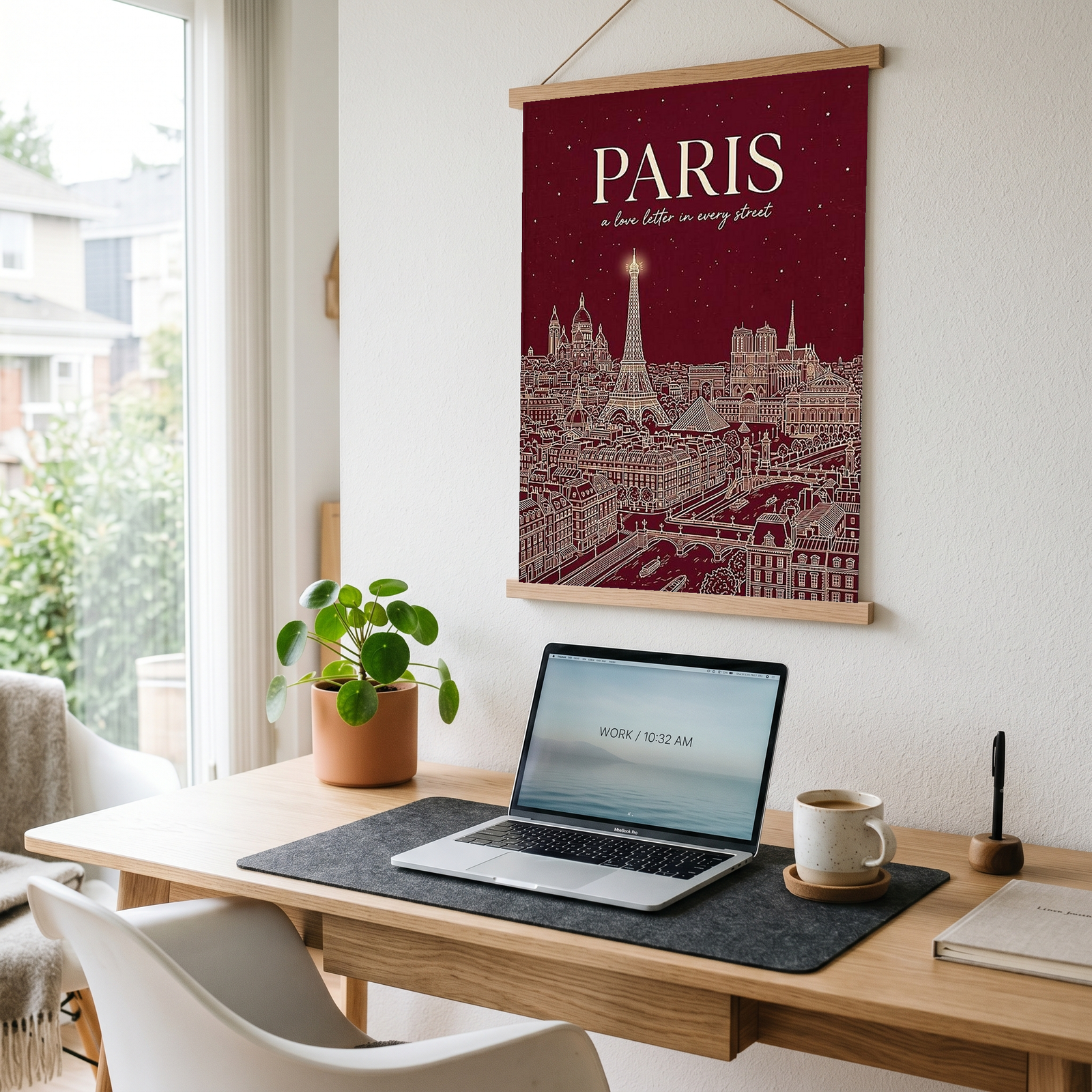 Paris Line Art Print — Burgundy Eiffel Tower Skyline Wall Art