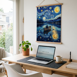 Moonlit Lake Rowboat Print — Van Gogh-Style Night Fishing Cabin Wall Art