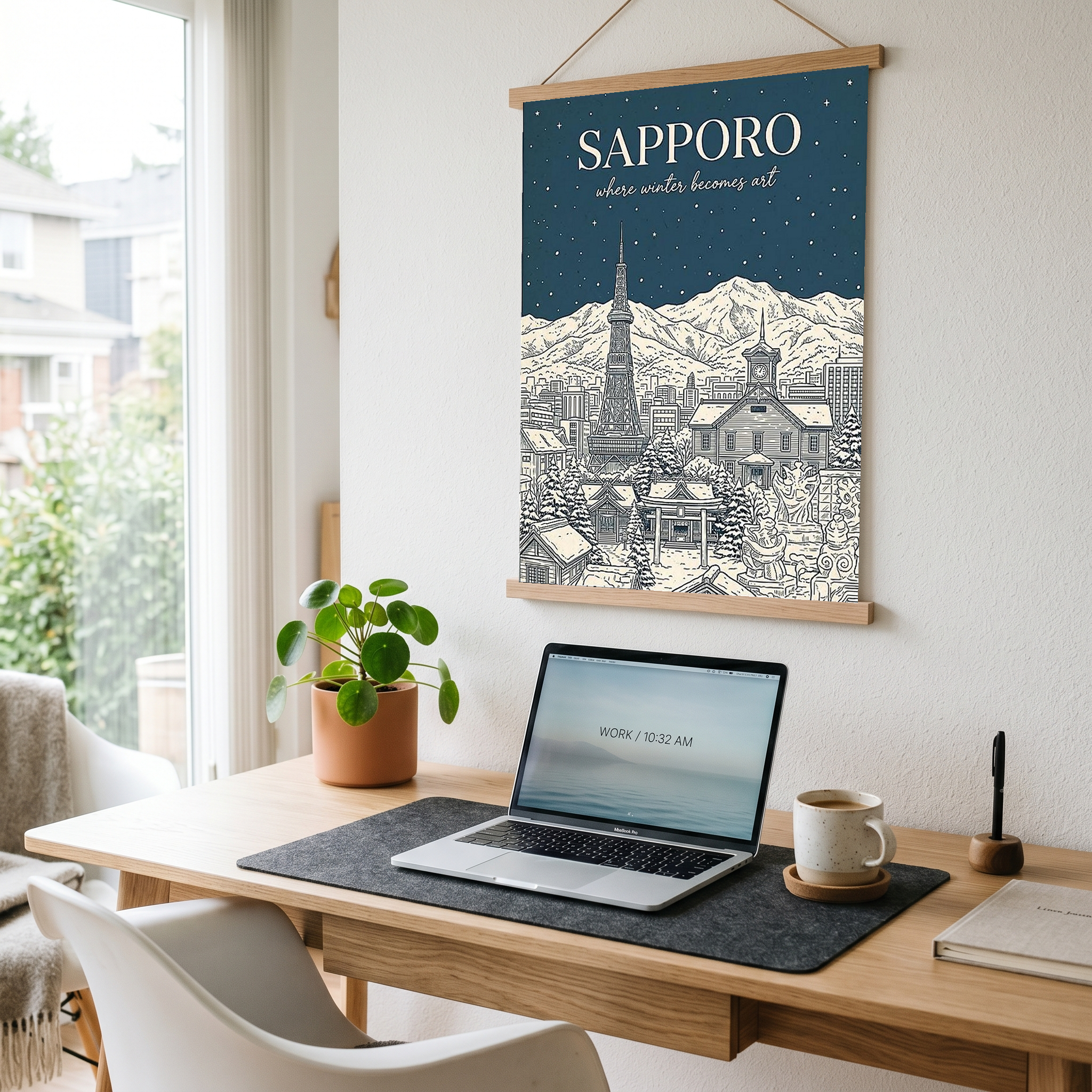 Sapporo Line Art Print — Steel Blue Snow Festival TV Tower Wall Art