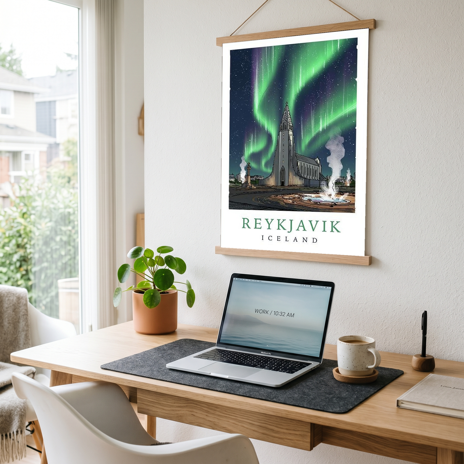 Reykjavik Iceland Travel Poster — Hallgrímskirkja Northern Lights Print
