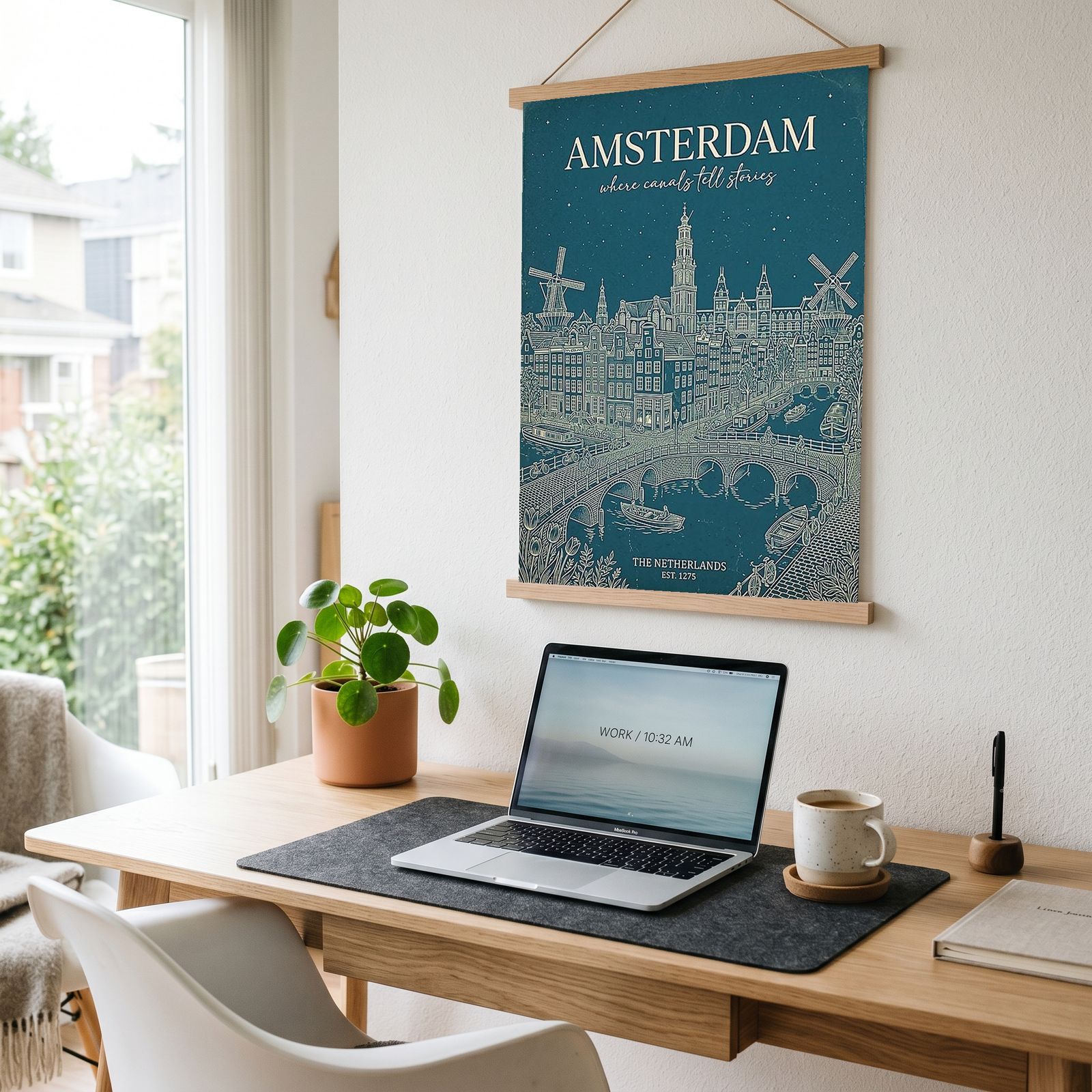 Amsterdam Line Art Print — Teal Canal Windmill Skyline Wall Art