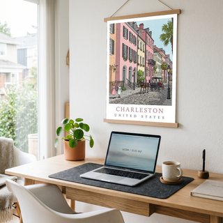 Charleston SC Travel Poster — Rainbow Row Carriage Ride Pastel Print