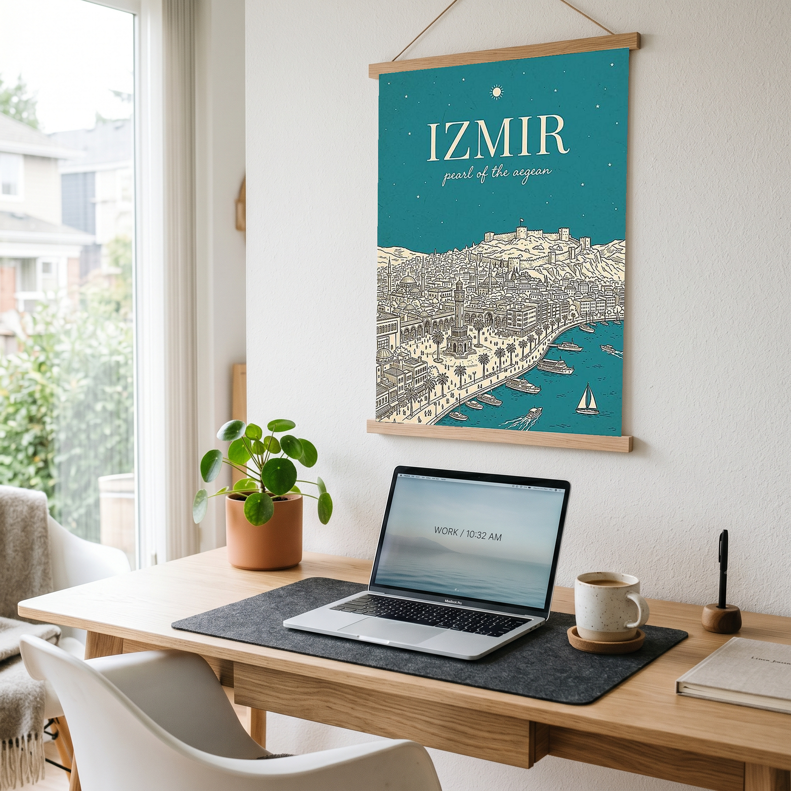 İzmir Line Art Print — Teal Clock Tower Kadifekale Aegean Coast Wall Art