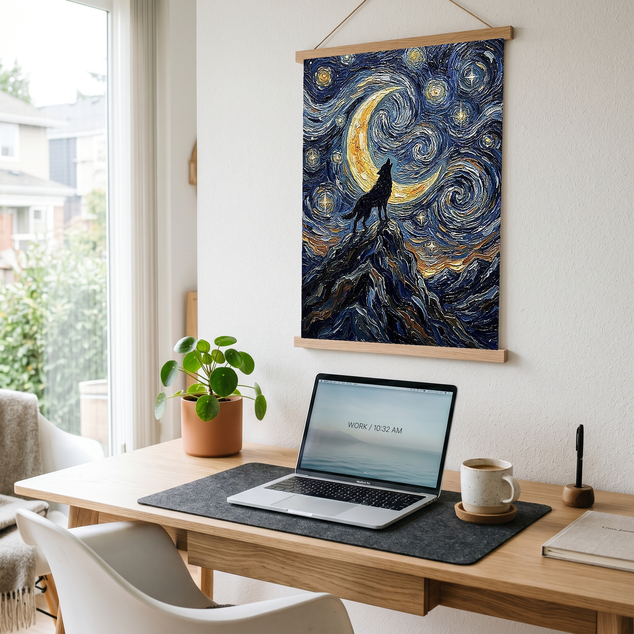 Black Wolf Howling Crescent Moon Print — Van Gogh-Style Mountain Wall Art