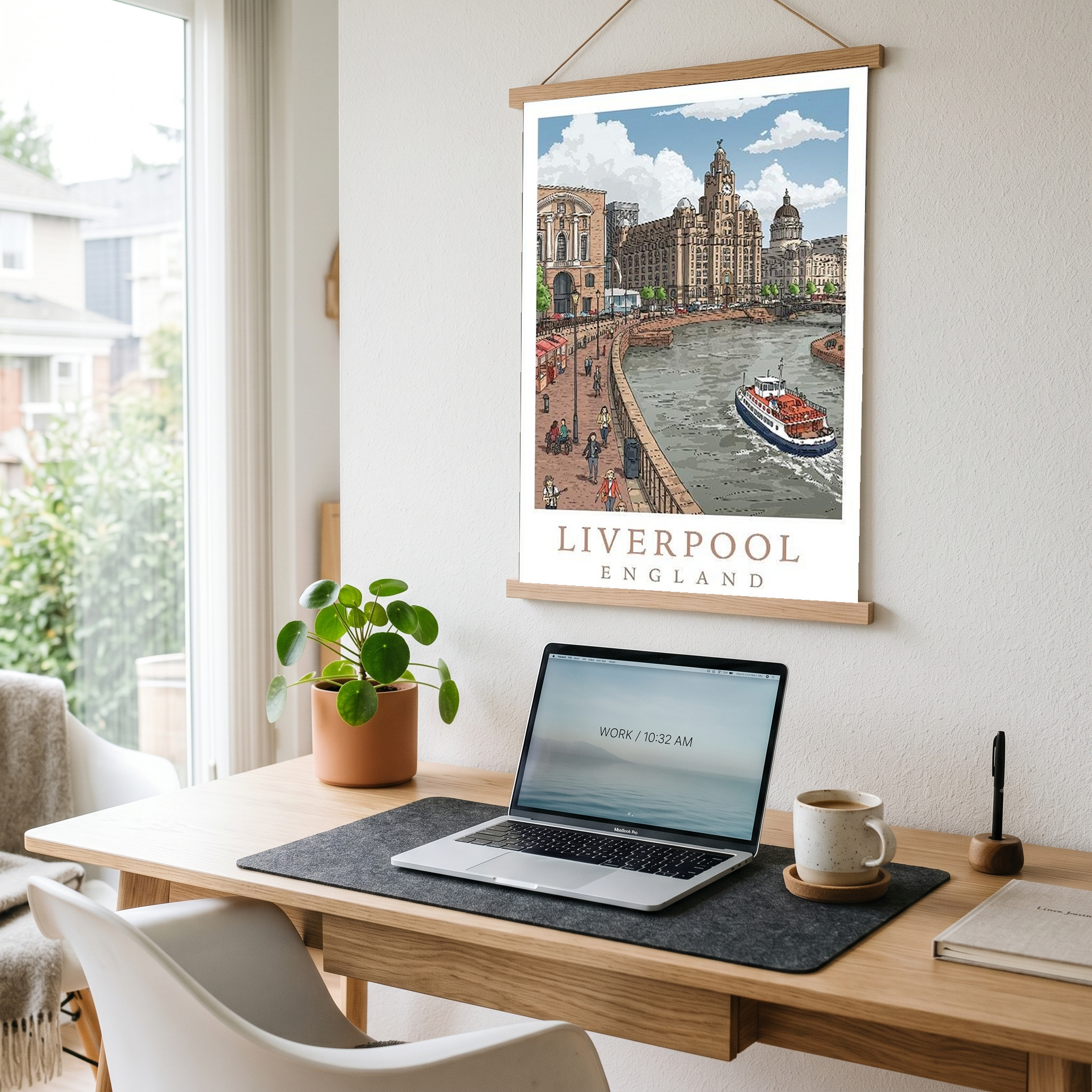 Liverpool England Travel Poster — Pier Head Liver Building Waterfront Print