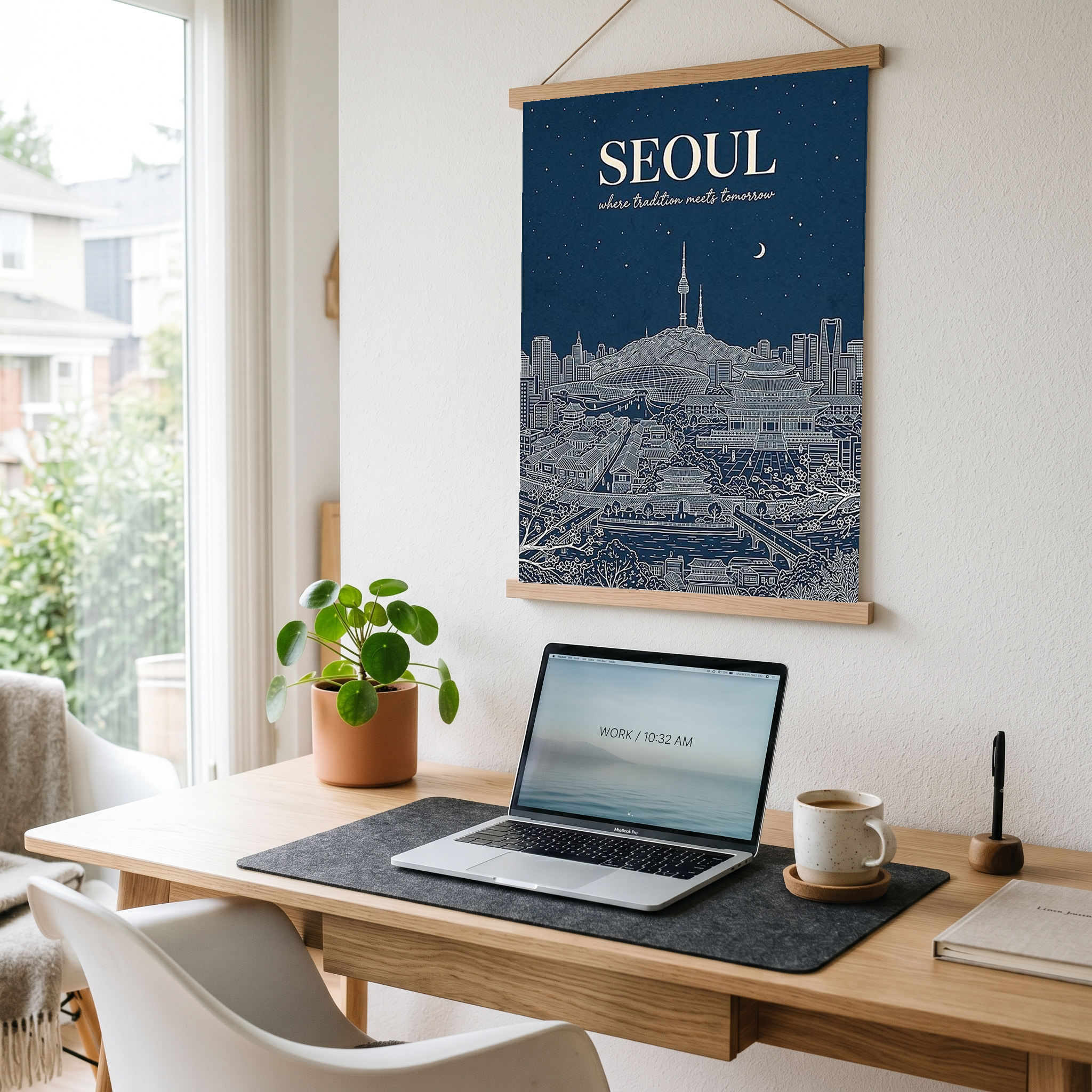 Seoul Line Art Print — Navy N Seoul Tower Gyeongbokgung Palace Skyline Wall Art