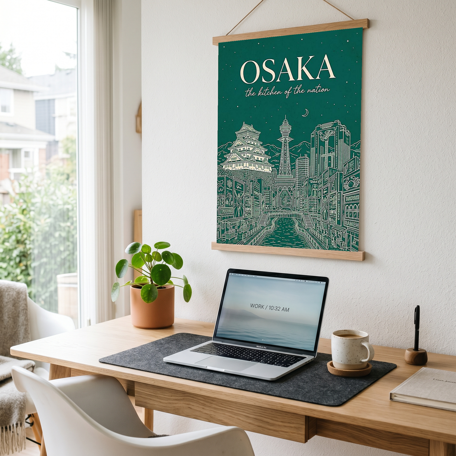 Osaka Line Art Print — Forest Green Osaka Castle Tsutenkaku Dotonbori Wall Art