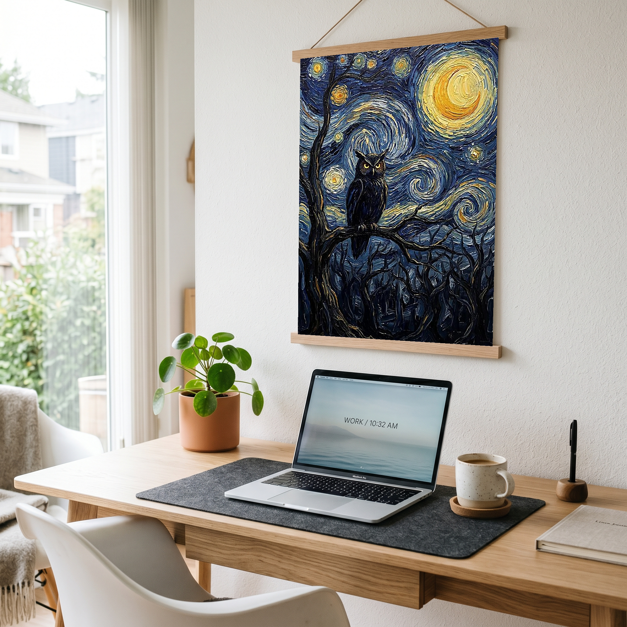 Wise Owl Starry Night Print — Van Gogh-Style Mystical Forest Wall Art