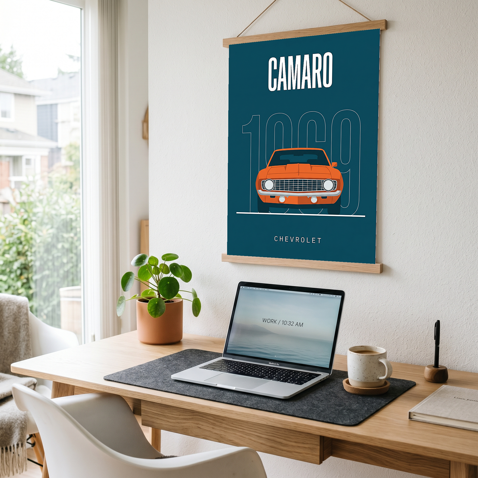 Chevrolet Camaro 1969 Minimalist Poster — Teal Muscle Car Line Art