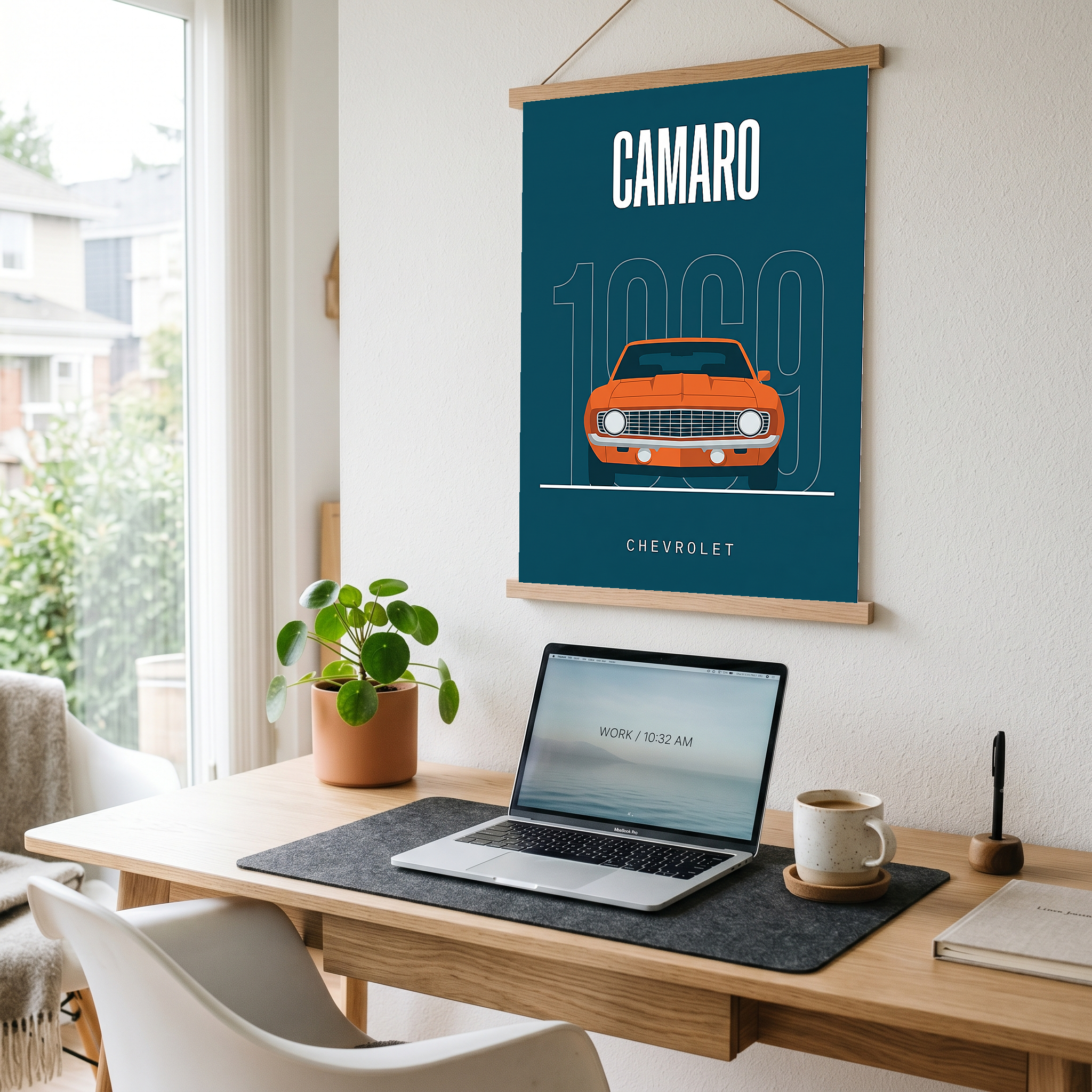Chevrolet Camaro 1969 Minimalist Poster — Teal Muscle Car Line Art